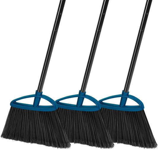 MAVRIZ 3 Pack Heavy Duty Broom Outdoor with 60" Long Handle Stiff Bristle Kitchen Broom for Sweeping Indoor Angle Broom for Floors, Shop Restaurant Garage Patio