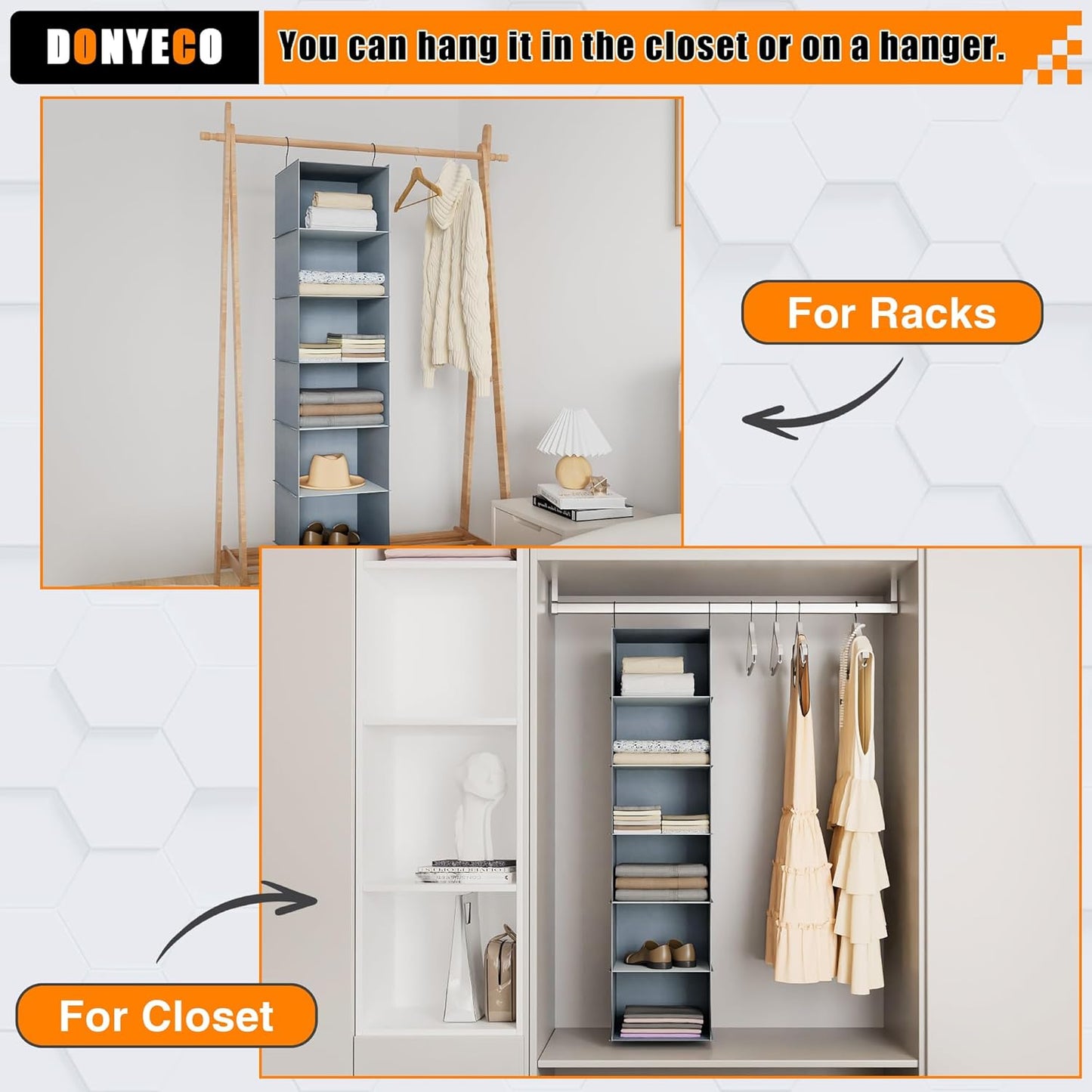 Hanging Closet Organizer and Storage 6-Shelf, Easy Mount Foldable Hanging Closet Wardrobe Shelves, Clothes Handbag Shoes Accessories Storage, Washable Oxford Cloth Fabric, Grey