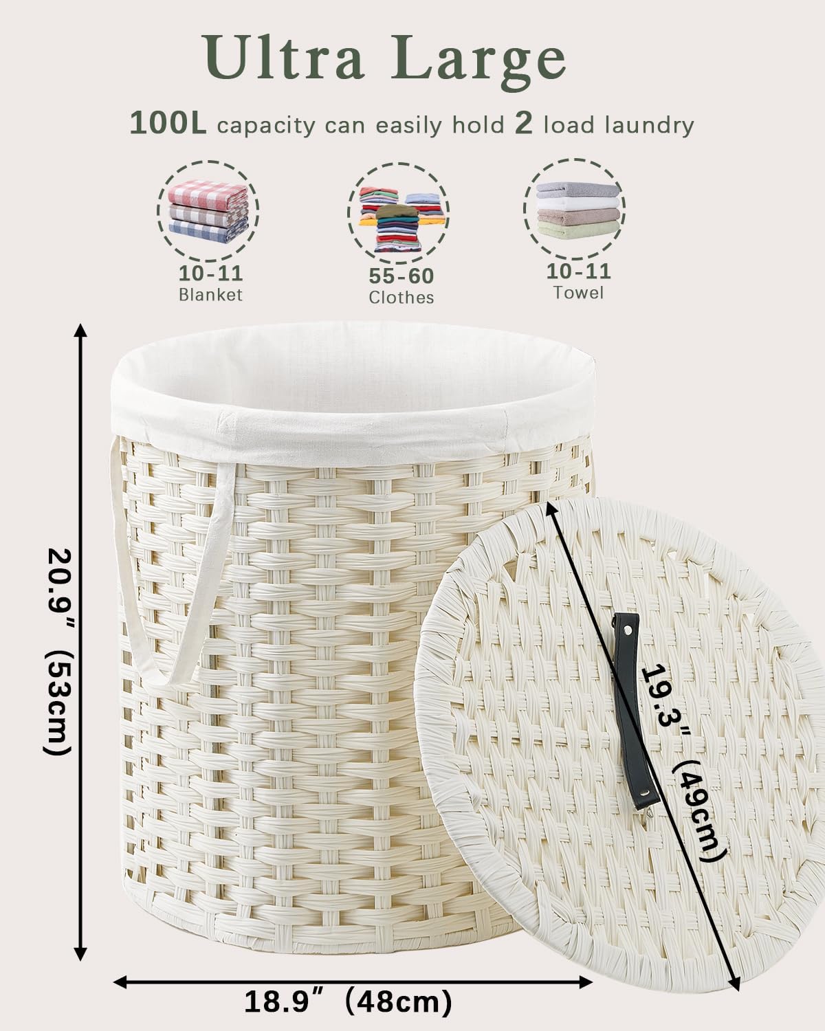 Laundry Hamper with Lid Wicker Laundry Hamper Round 26.5 Gal (100 L) Laundry Basket Handwoven Rattan Laundry Basket with Removable Bag Handles 2 Mesh Bags for Living Room Bedroom White