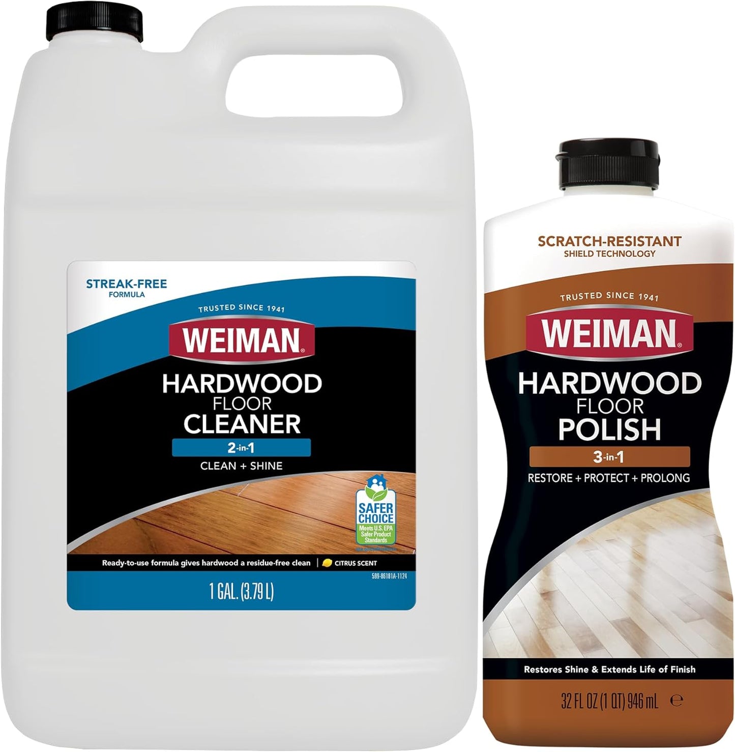 Weiman Hardwood Floor Cleaner and Polish - Cleans Vinyl Tile, Solid, Laminate, Natural Shine, No Residue, Removes Scratches, Leaves Protective Layer, 1 Gallon Mop Soap & 32 Oz Restorer