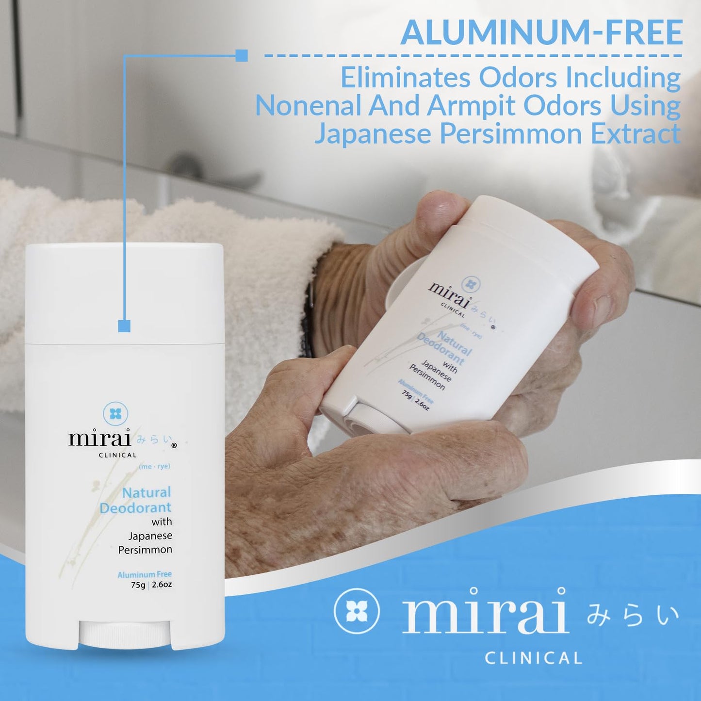 Mirai Clinical - All Natural Deodorant for Women and Men - w/Japanese Persimmon Extract - Full-Body Use - Aluminum, Fragrance, Paraben Free - Vegan - Helps to Eliminate Nonenal Odor - Unscented - 75g