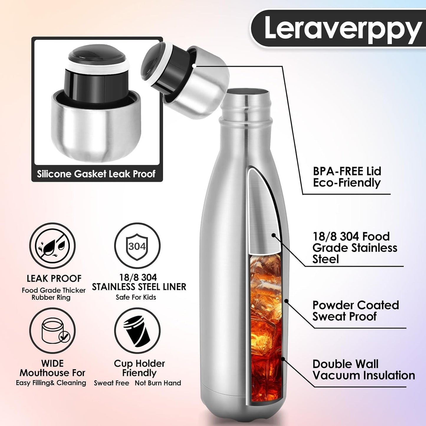 17oz Cola-Bottle Shaped Stainless Steel Leak-proof Water Bottle,Double Wall Vacuum Insulated Metal,Travel Mug For Sports Indoors & Outdoors,BPA-Free Kids Flasks,Silver(8 Pack)