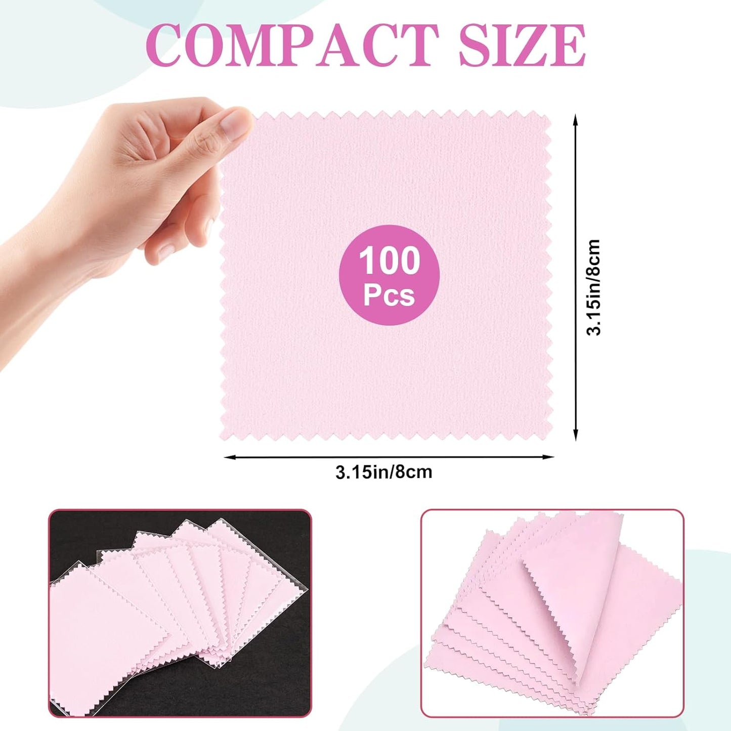 100 Pack Jewelry Polishing Cloth, 3.15" x 3.15" Pink Cleaning Cloths, Small Silver Cleaning & Polishing Cloth for Jewelry, Individually Wrapped.