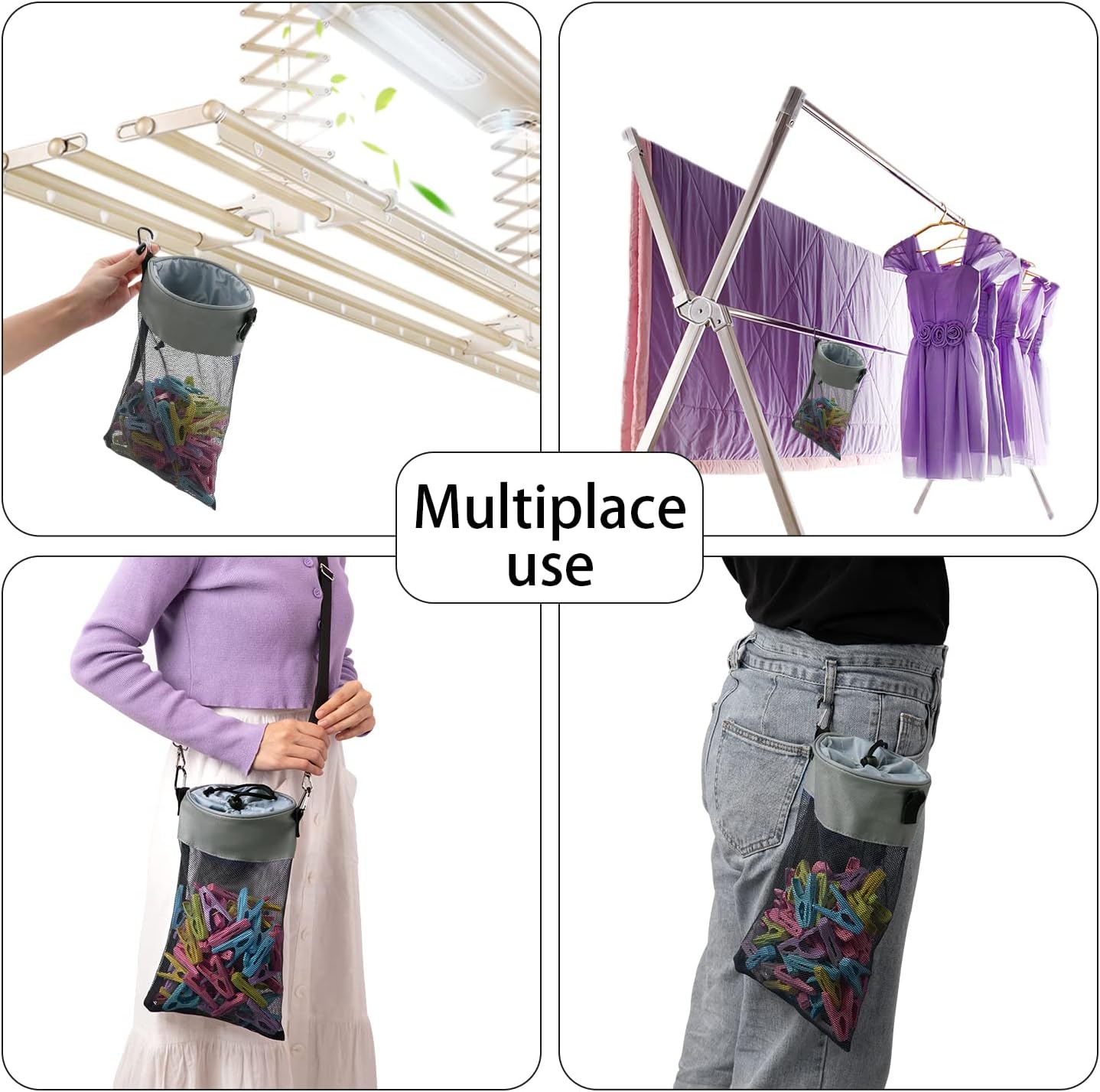 Mesh Clothespin Bag with Hooks Hanging Clothes Pin Bag with Drawstring Closure Clothespin Holder, Ventilation and Moisture Resistance, Storage Organizer, Machine Washable （Gray）