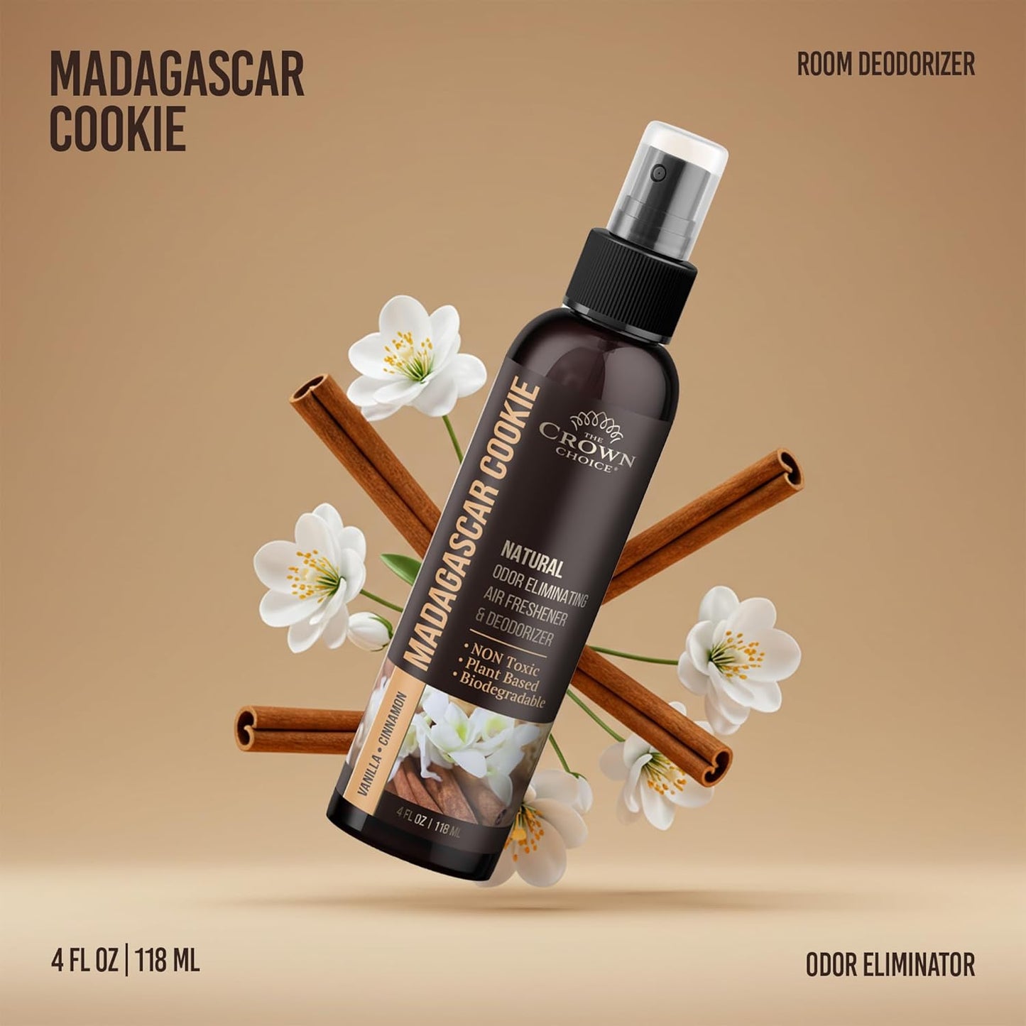 Non-Toxic Odor Eliminator, Natural Vanilla & Cinnamon Air Freshener Spray for Home, Room, Closet & Couch Deodorizer, Long Lasting Bathroom & Toilet Freshener, Safe for Kids & Pets, 2PK - 4 Oz each