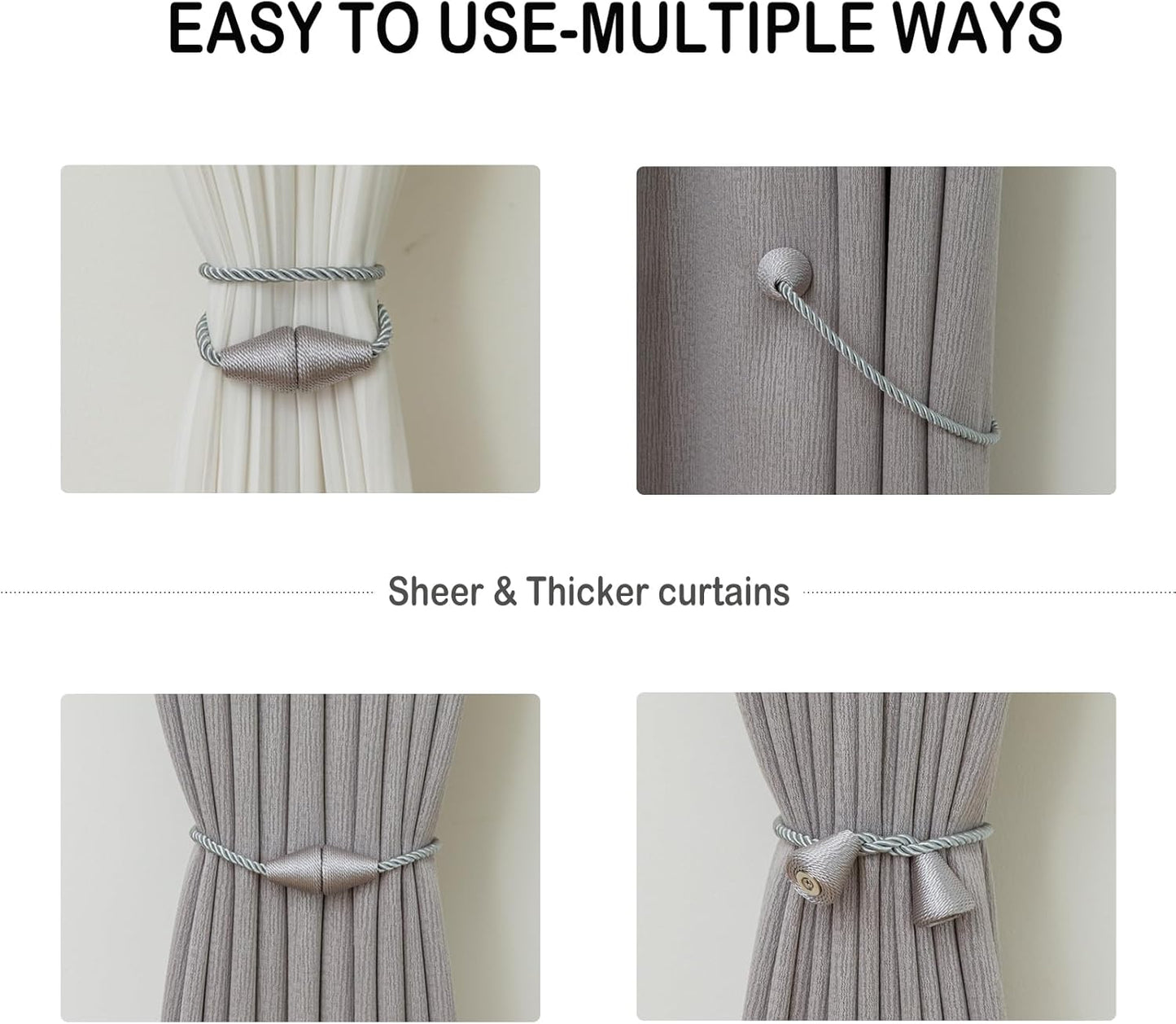 Magnetic Curtain Tiebacks 6 Pack Outdoor Rope Curtain Tie Backs Decorative Window Treatment Holdbacks for Home Decorative Curtain, Grey