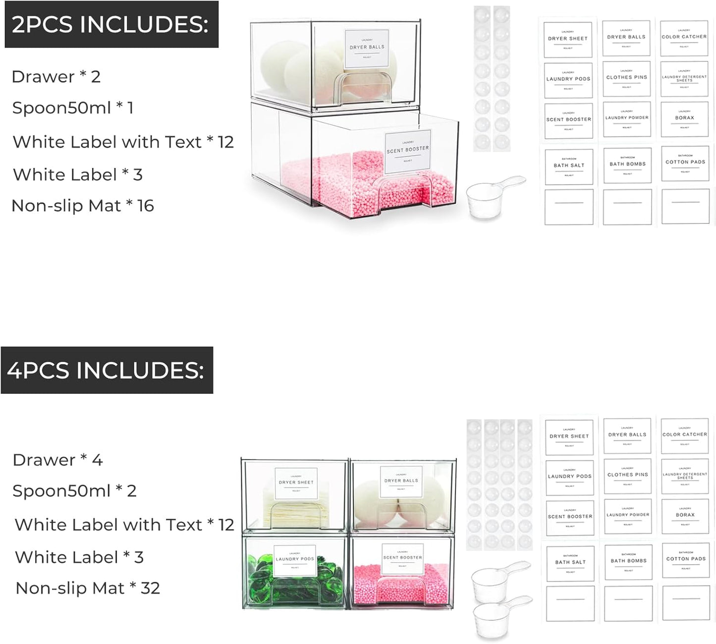 2 Pack Laundry Room Organization Storage Drawers with Labels, Clear Stackable Dryer Sheet Holder and Pod Containers, Detergent Dispenser for Laundry Room Organizing and Decor
