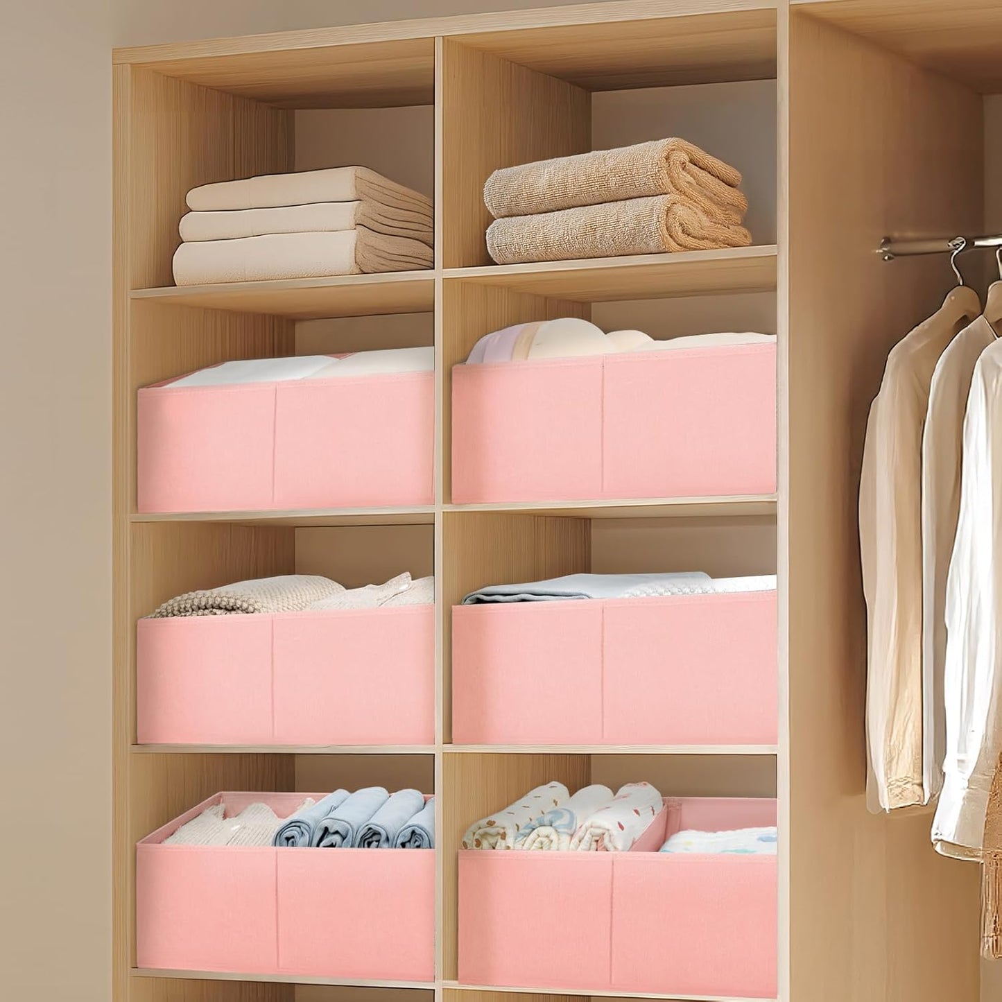 DIMJ Large Closet Shelf Organizer Bins 8 Packs with Handles and Divider, Fabric Trapezoid Storage Baskets, Foldable Clothes Containers Box for Shelf, Towel, Book, Toy, Purse, Hats, Pink