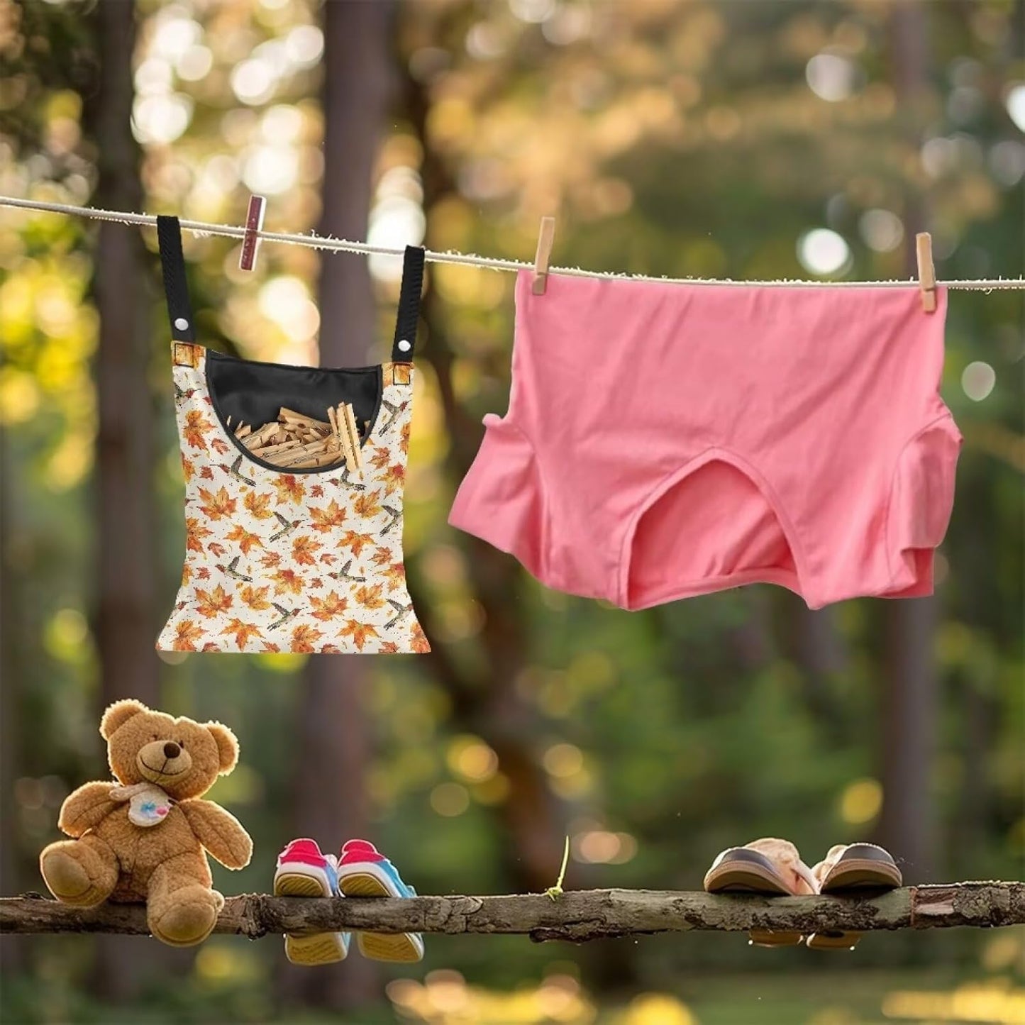 Maple Leaf Large Capacity 14.5 x 12 Inch Clothespin Bag with Hanging Hook Hummingbird Waterproof Clothes Pin Hanging Bag Clothespin Storage Organizer with Large Opening