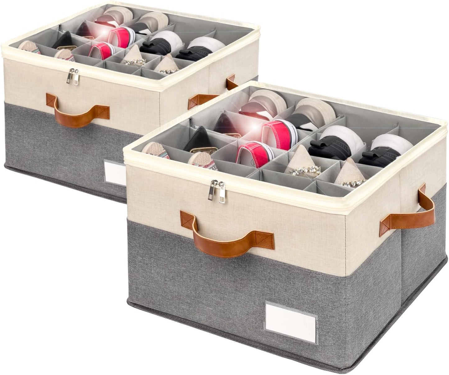 Shoe Organizer for Closet, Foldable Shoe Storage Bins with Clear Cover, Space Saving Shoes Holder with 4 Handles, Large Adjustable Shoe Box Storage Containers, Fits 8-16 Pairs, 2 Pack, Beige