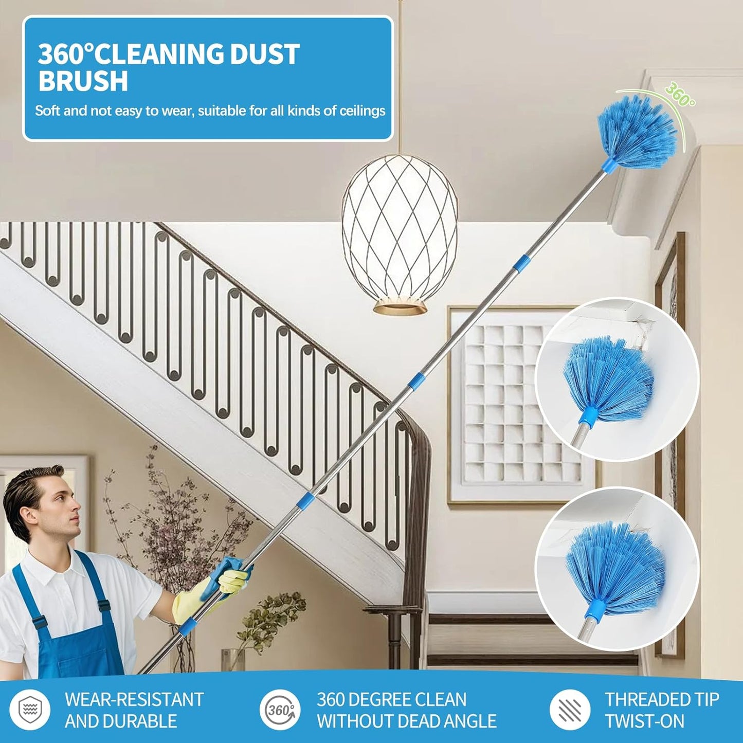 High Reach Duster Kit with14 ft Extension Pole High Ceiling Dusting and Window Cleaning Kit with Spliceable Pole - Cobweb Duster, Fan Blade, Window Washer & Squeegee and Feather Dusters