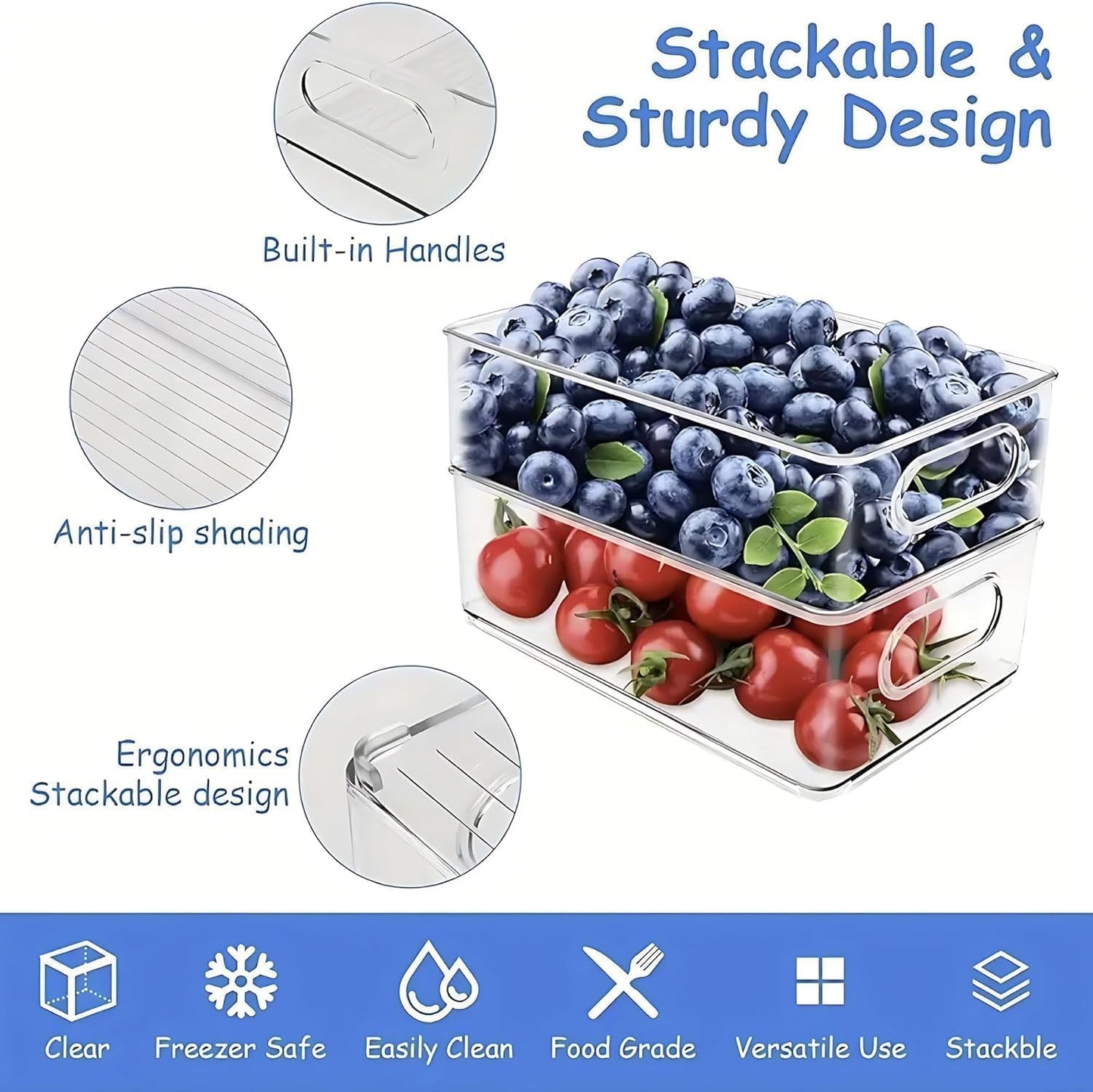 12 Pack Refrigerator Organizer Bins, 3 Sizes Stackable Clear Pantry Storage with Handles and 30 PCS Plastic Bags for Fridge, Freezer, Shelves, Drawer, Snack Organizer for Home & Kitchen