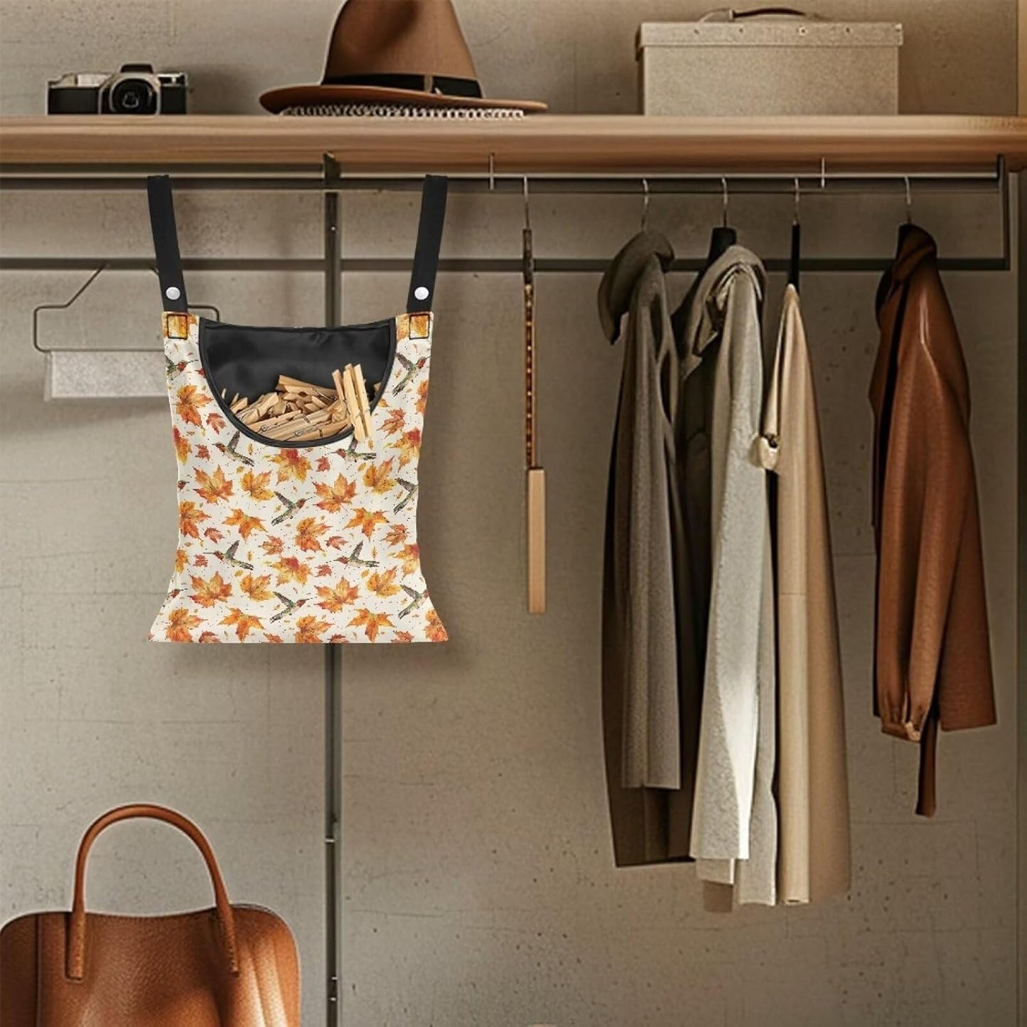 Maple Leaf Large Capacity 14.5 x 12 Inch Clothespin Bag with Hanging Hook Hummingbird Waterproof Clothes Pin Hanging Bag Clothespin Storage Organizer with Large Opening