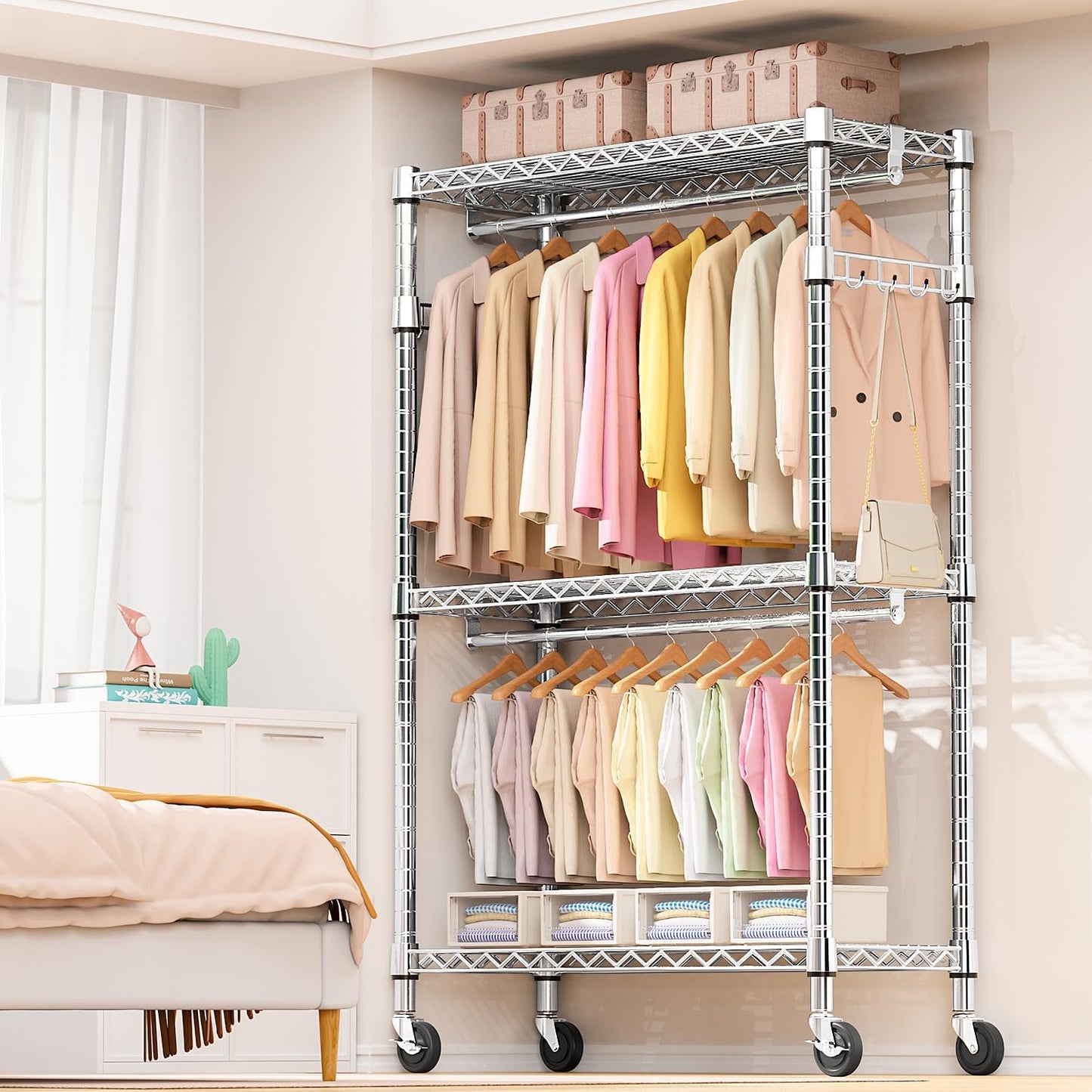 Heavy Duty Rolling Garment Rack 3 Tiers Adjustable Wire Shelving Clothes Rack with 2 Rods and Side Hooks, Storage Closet Clothing Rack with Wheels Chrome 17.7" D x 47.2" W x 83.6" H
