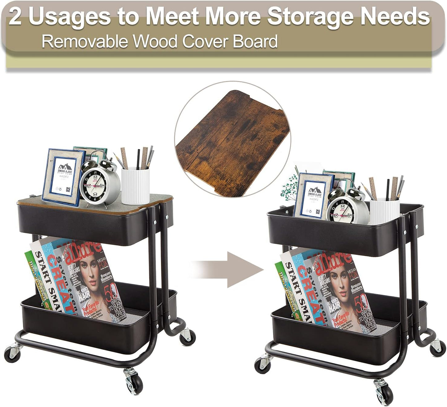 Melody House 2-Tier Metal Utility Rolling Cart Storage Organizer with Cover Board Mobile Trolley Sofa Side Table with Wheels for Office Home Kitchen Organization Black