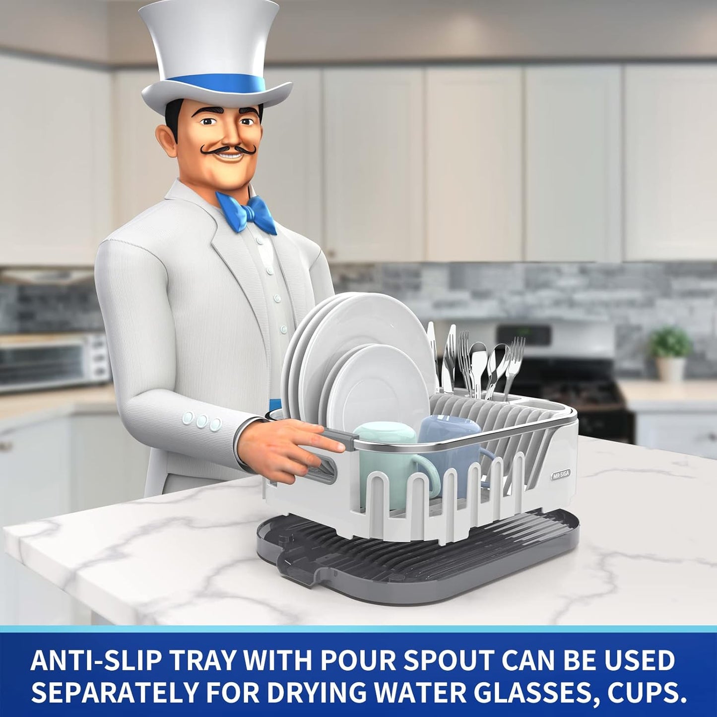 MR.SIGA Dish Drying Rack for Kitchen Counter, Compact Dish Drainer with Drainboard, Utensil Holder and Cup Rack, Plastic Kitchen Drying Rack for Dishes, Cups, Knives, Spoons and Forks, White