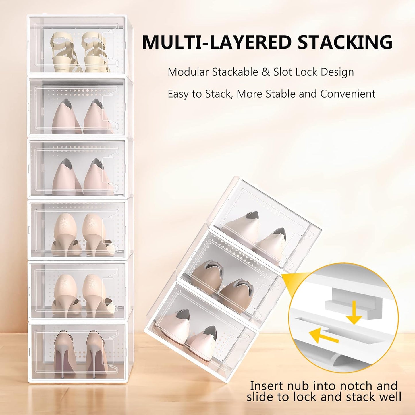 Secret Space 12 Pack XX Large Shoe Storage Organizer for Closet, Modular Space Saving Shoe Boxes Clear Plastic Stackable Containers Display Case Bins with Lids, Shoe Rack for Sneaker Storage, White02