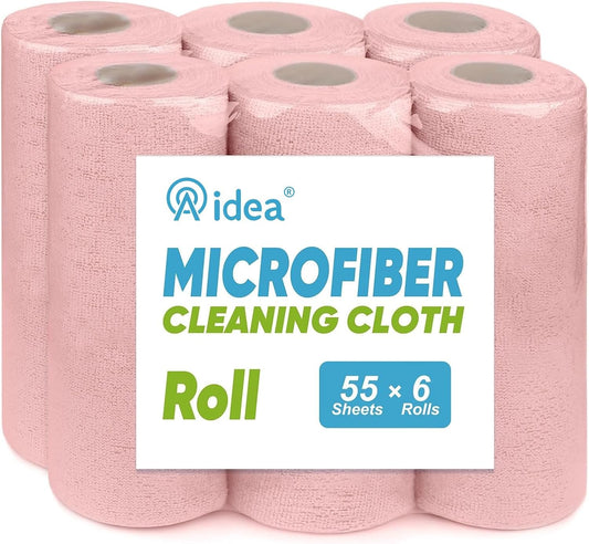 AIDEA Microfiber Cleaning Cloth 330 Sheets 6 Roll, Pink, Microfiber Towels for Cars, Shop Rags Washable,Cleaning Rags Reusable Paper Towels for Automotive, Mechanic, Workshops, House,11×9"