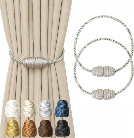 Magnetic Curtain Tiebacks - Rope Tiebacks for Curtains & Drapes, Decorative Window Holdbacks, Grey (2 Pack)