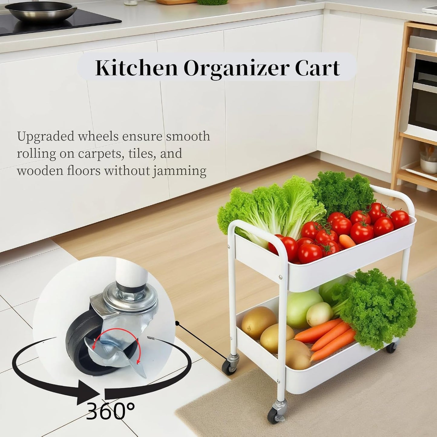 2 Tier Metal Rolling Cart with Wheels for Under Desk Storage & Pantry Storage, High Load-Bearing Kitchen Utility Cart for Small Space, Laundry Room Organization Side Table with 4 Hooks, White