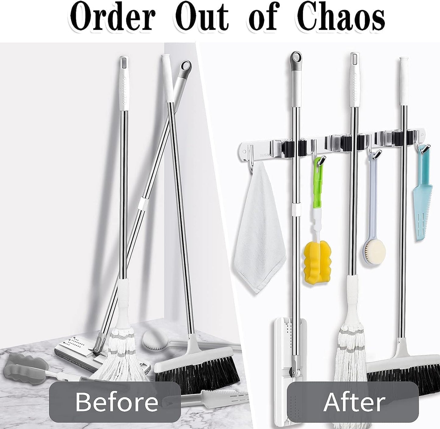 2 Pack 3 Racks and 4 Hooks Broom and Mop Holder Wall Mounted Garage Organizer Storage Tool Racks Stainless Steel Heavy Duty Hooks Self Adhesive Solid Non-slip Wall Hangers for Home Kitchen Garden
