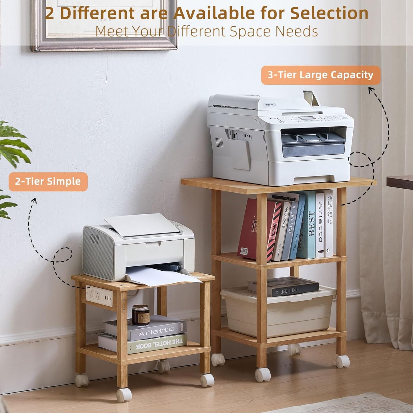 Lerliuo Under Desk Printer Stand with Charging Station, 2 Tier Wooden Small Printer Table with Storage, Rolling Printer Cart Shelf with Lockable Wheels for Home, Office (Natural)