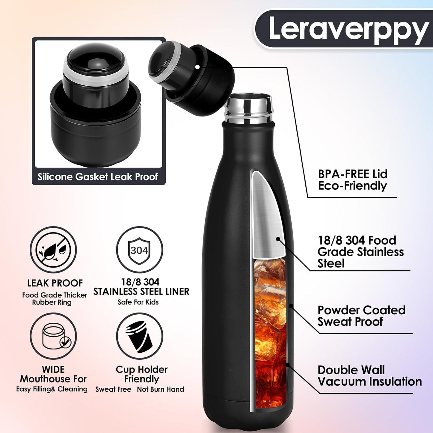 17oz Cola-Bottle Shaped Stainless Steel Leak-proof Water Bottle,Double Wall Vacuum Insulated Metal,Travel Mug For Sports Indoors & Outdoors,BPA-Free School Kids Flasks,Black(8 Pack)