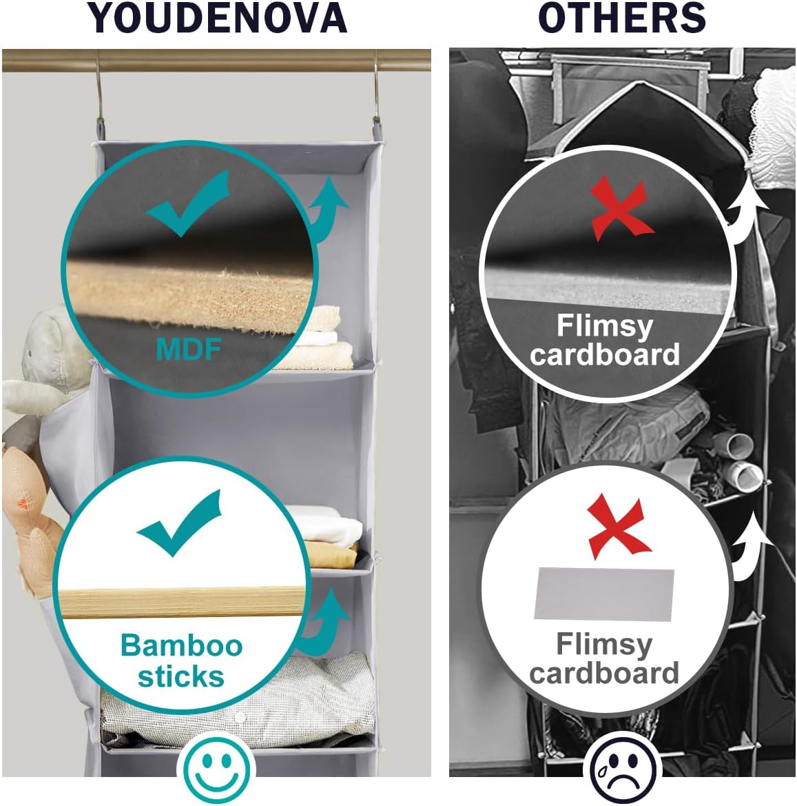 YOUDENOVA Hanging Closet Organizer, 6-Shelf Closet Hanging Storage Shelves, 2 Packs, Light Grey