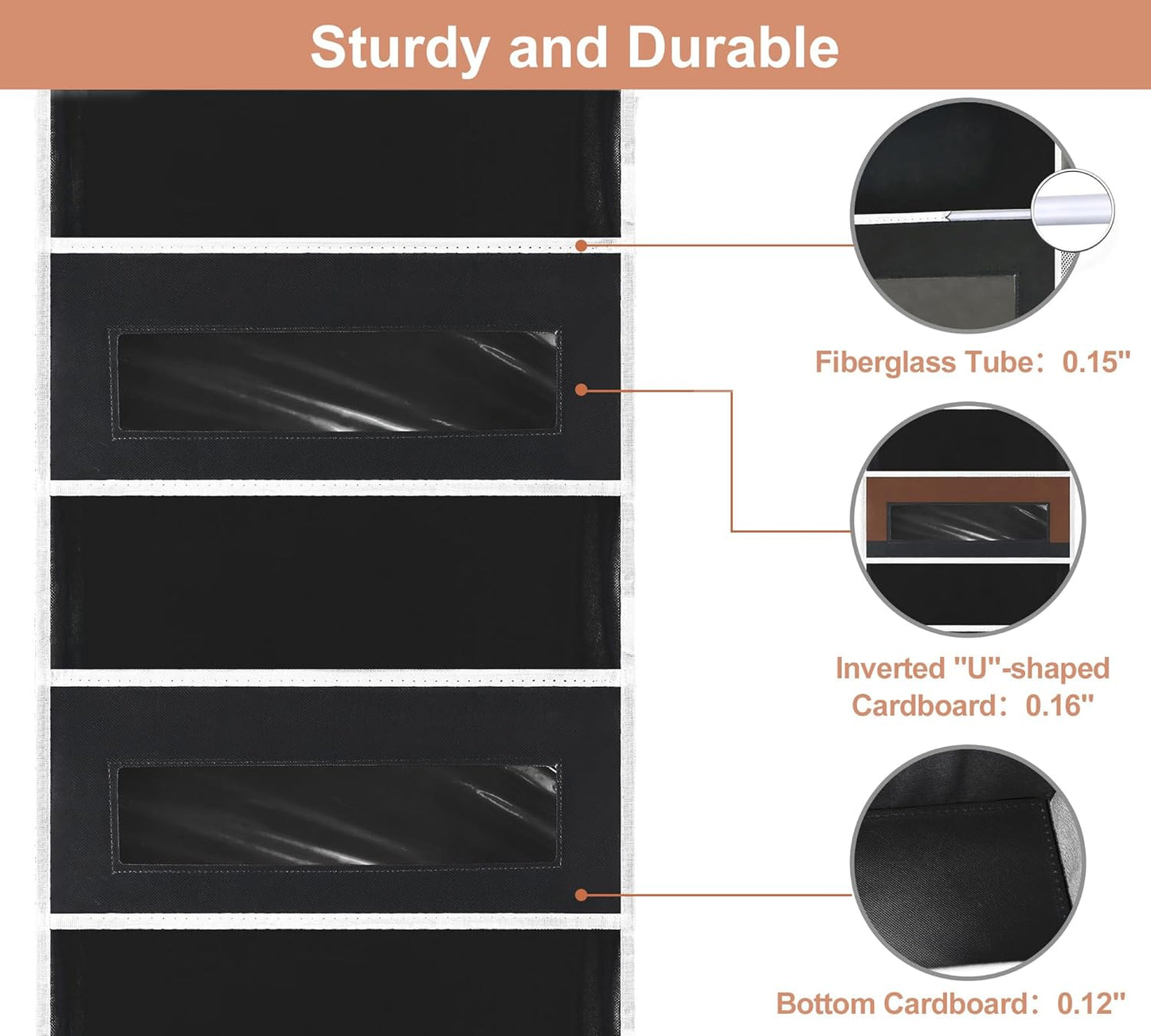 5-Tier Over The Door Storage Organizer with 10 Side Mesh Pockets, 48 lbs Load Capacity, 3 Hooks Design, Door Hanging Organizer with Clear Windows for Bathroom, Bedroom, Nursery, Kitchen-Black