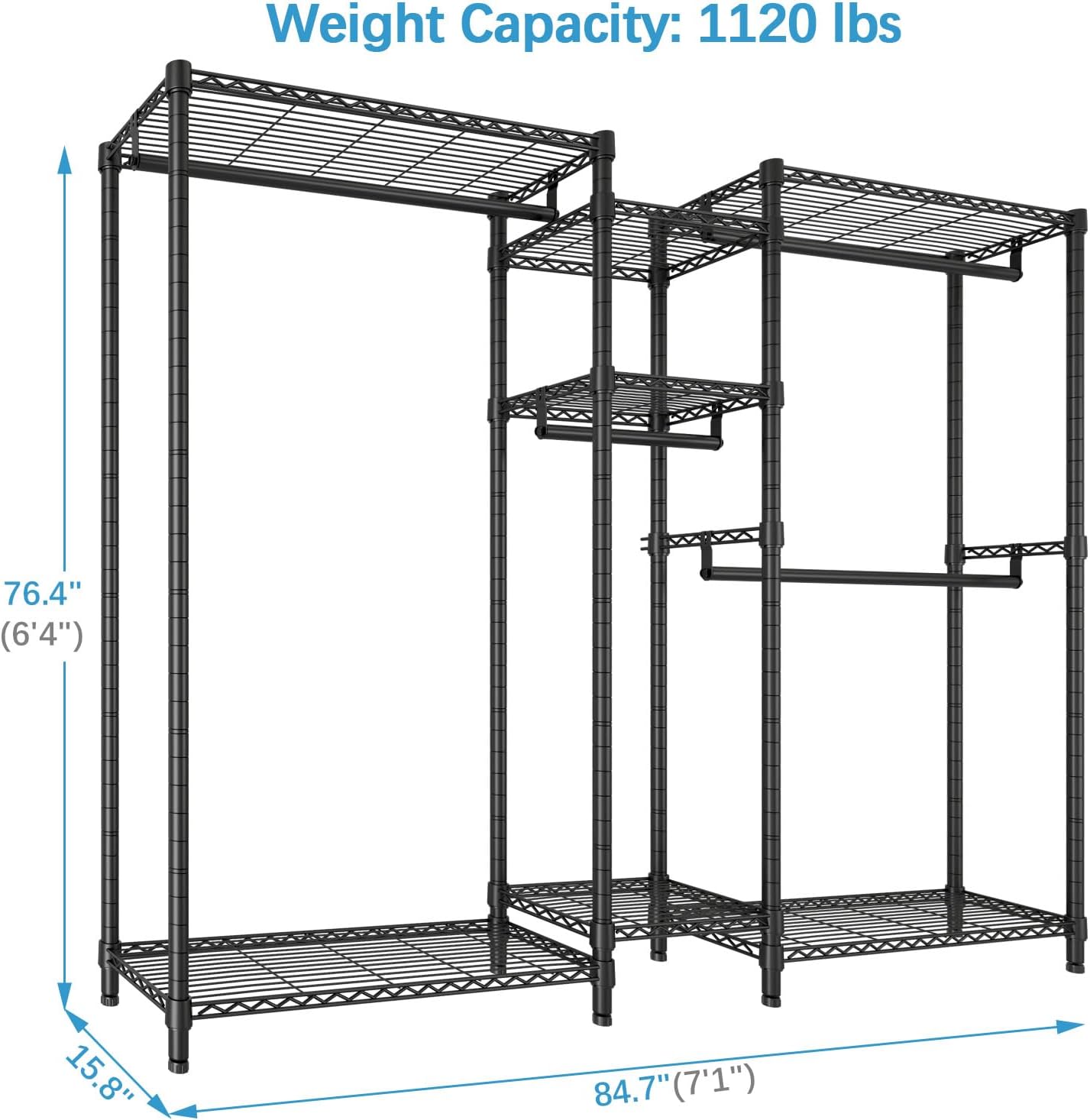 VIPEK Classic V6 Plus Wire Garment Rack Heavy Duty Clothing Rack for Hanging Clothes, Metal Freestanding Closet Wardrobe Rack Portable Clothes Rack, 84.7" L x 15.8" W x 76.4" H, Load 1120lbs, Black
