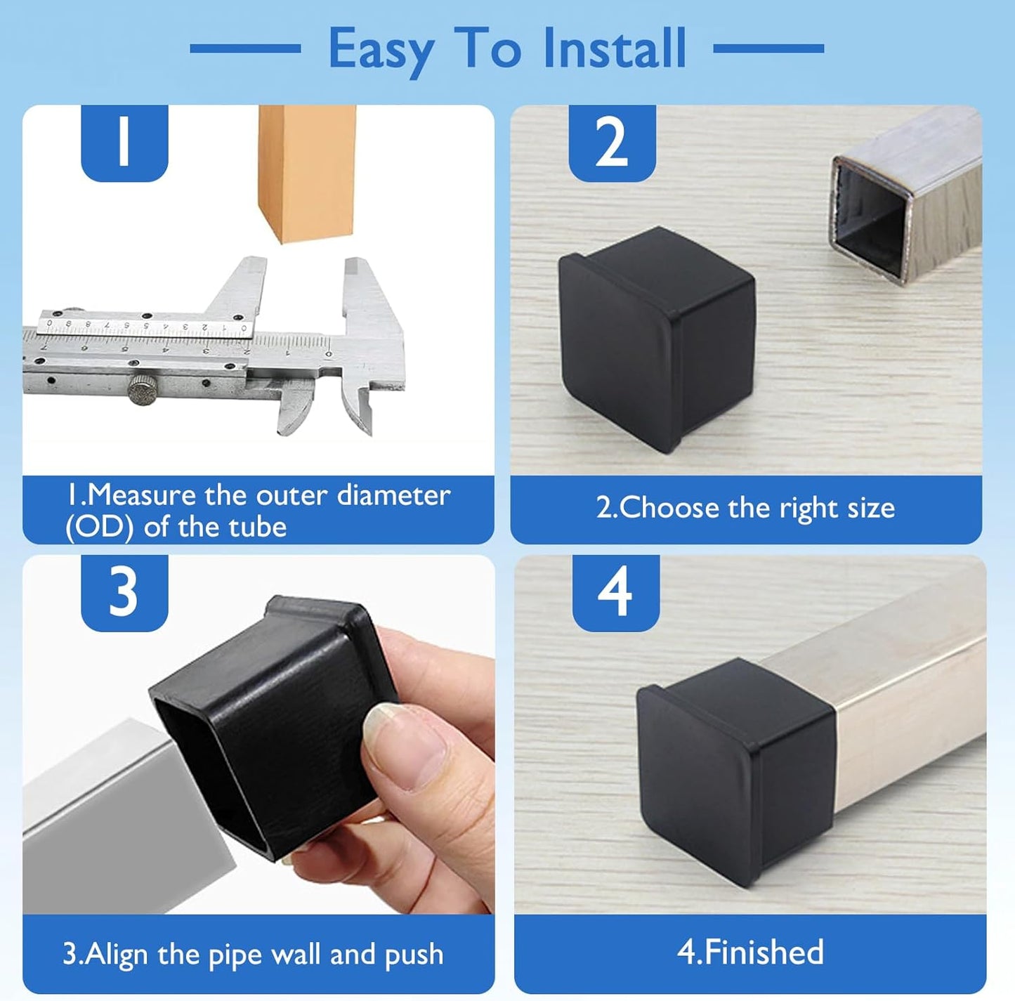 16 Pcs 1-3/4" x 1-3/4" Square Rubber Chair Leg Caps, PVC Table Leg Covers, Flexible & Anti-Slip Furniture Leg End Caps, Chair Leg Floor Protectors for Bar Stool Leg Patio Indoor, Black