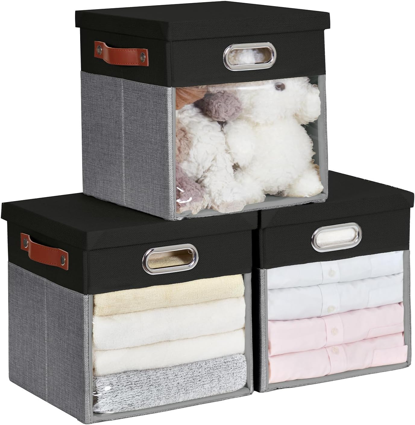 Fabric Storage Cubes with Clear Windows and Lids 11'' Foldable Storage Bins with 3 Handles, Decorative Storage Boxes for Home, Bedroom, Closet, Office (Black&Gray)