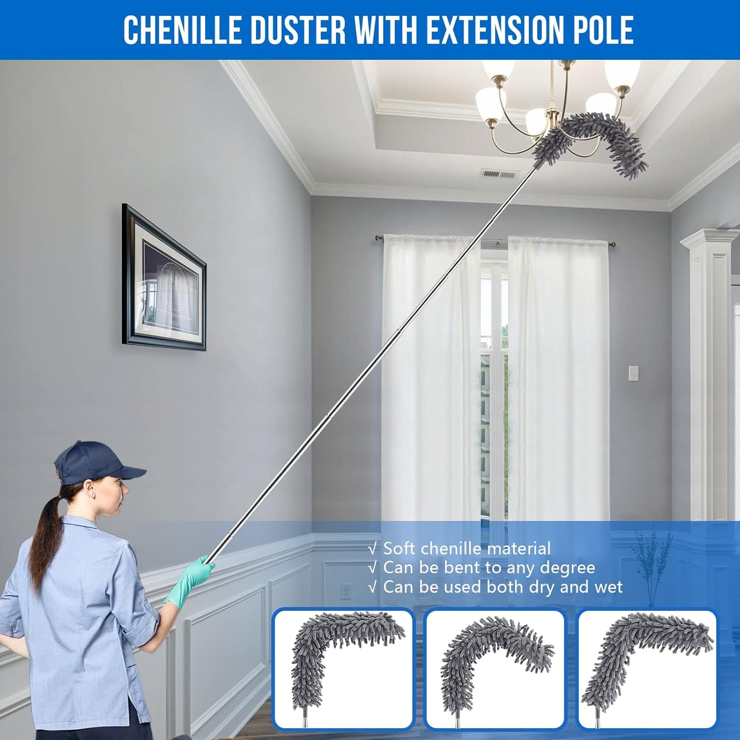 Microfiber Feather Duster Kit with Extension Pole (30–100") – Bendable Washable Heads, Extendable Dusters for Cleaning Ceiling Fan, High Ceiling, Blinds, Furniture & Cars (5 Pcs)
