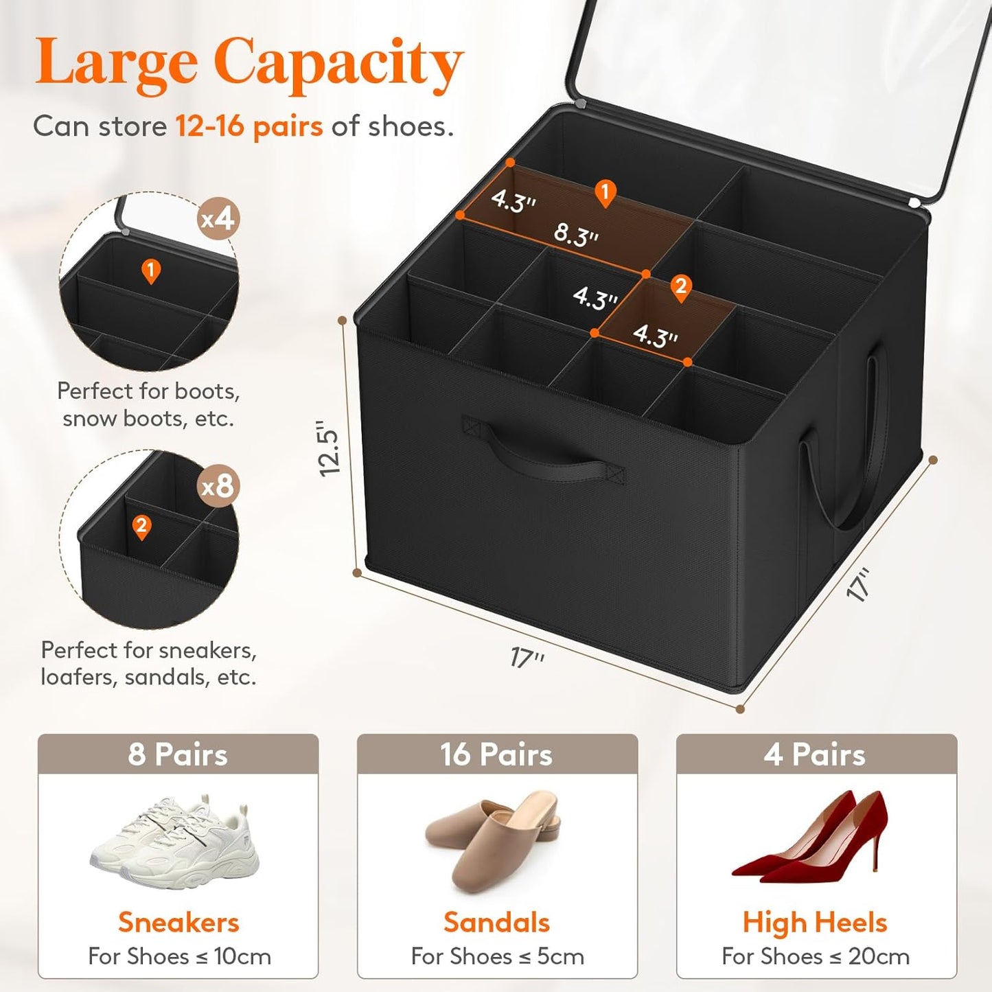 Lifewit Shoe Storage Organizer for Closet Fits 12-16 Pairs, Fabric Large Shoe Box Storage Container with Clear Cover, Foldable Bins Fit for Boots Heels Sneakers 17"(L) x 17"(W) x 12.5"(H) 2 Pack Black