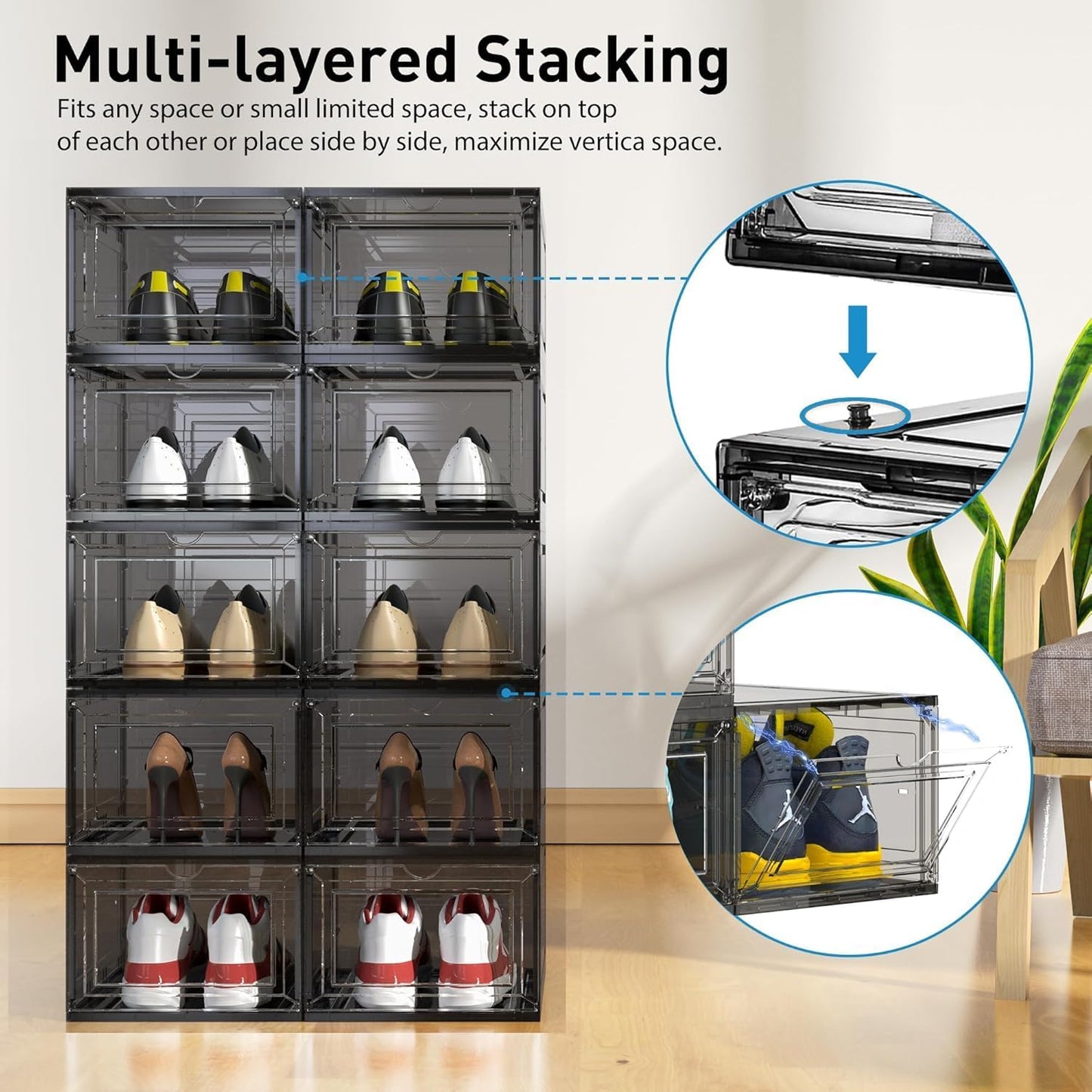 Mitees 10 Pack XX Large Thicken Sturdy Hard Plastic Clear Stackable Shoe Storage Boxes for Size 12, Sneaker Shoe Rack Containers Holders Bins Display Case Organizer for Closet, Grey02