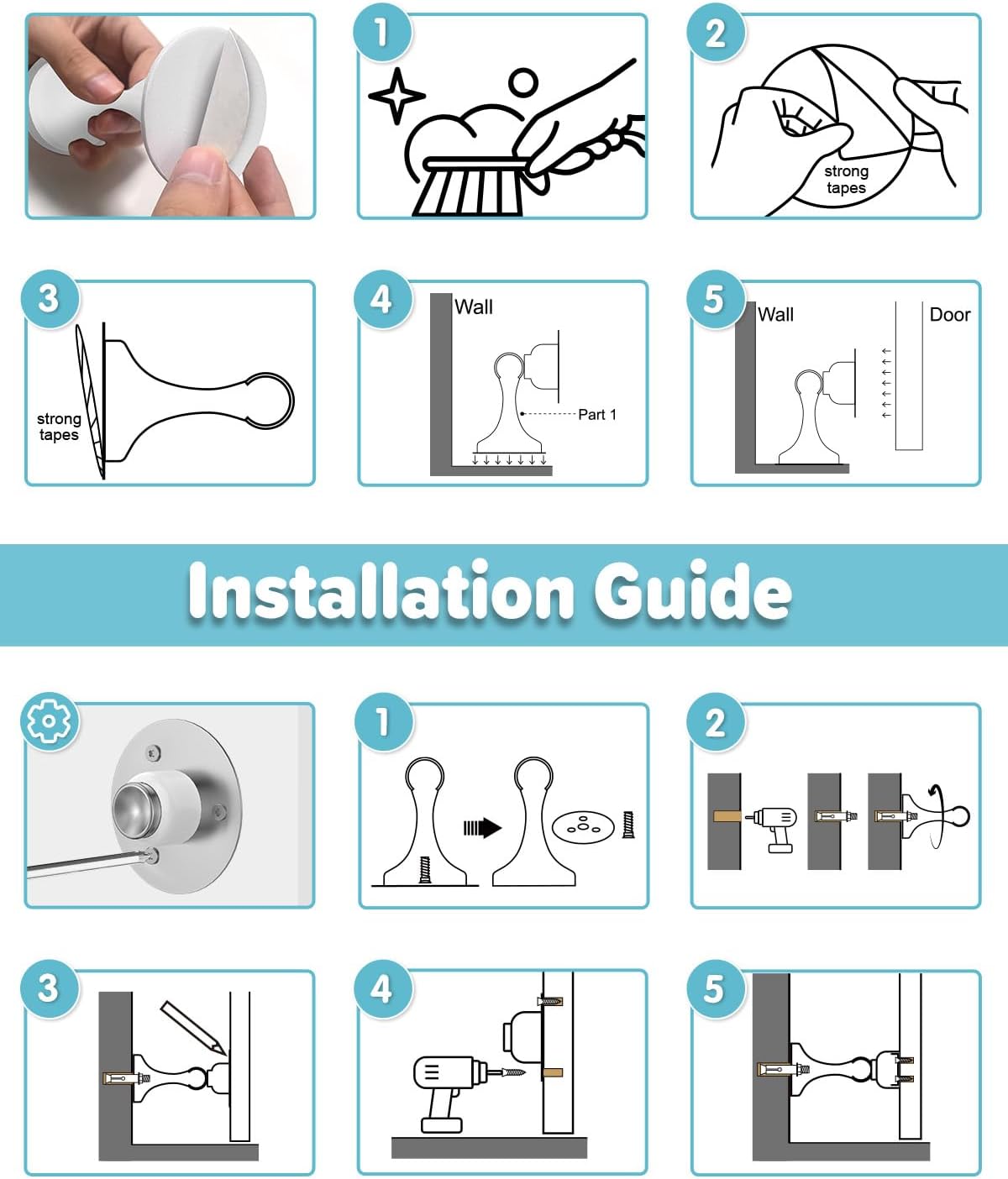 Magnetic Door Stoppers Door Catch - 4 Pack Stainless Steel Heavy Duty Door Stops for Bottom of Door, Wall & Floor Mounting No-Drill Strong Adhesive & Screws, Strong Door Holder to Keep Door Open