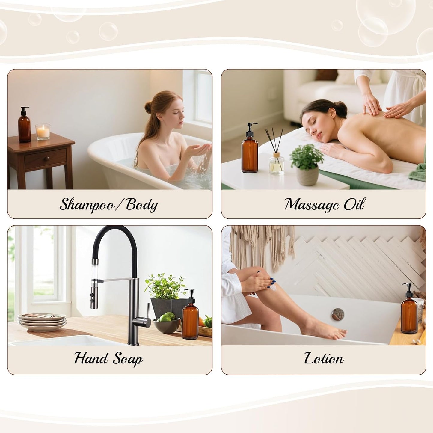 12 Pack Amber Glass Bottles 8oz with Pump Dispensers, Refillable Empty Pump Bottles for Bathroom, Kitchen, Shampoo, Soap, Lotion – Includes 2 Funnels & 12 Labels