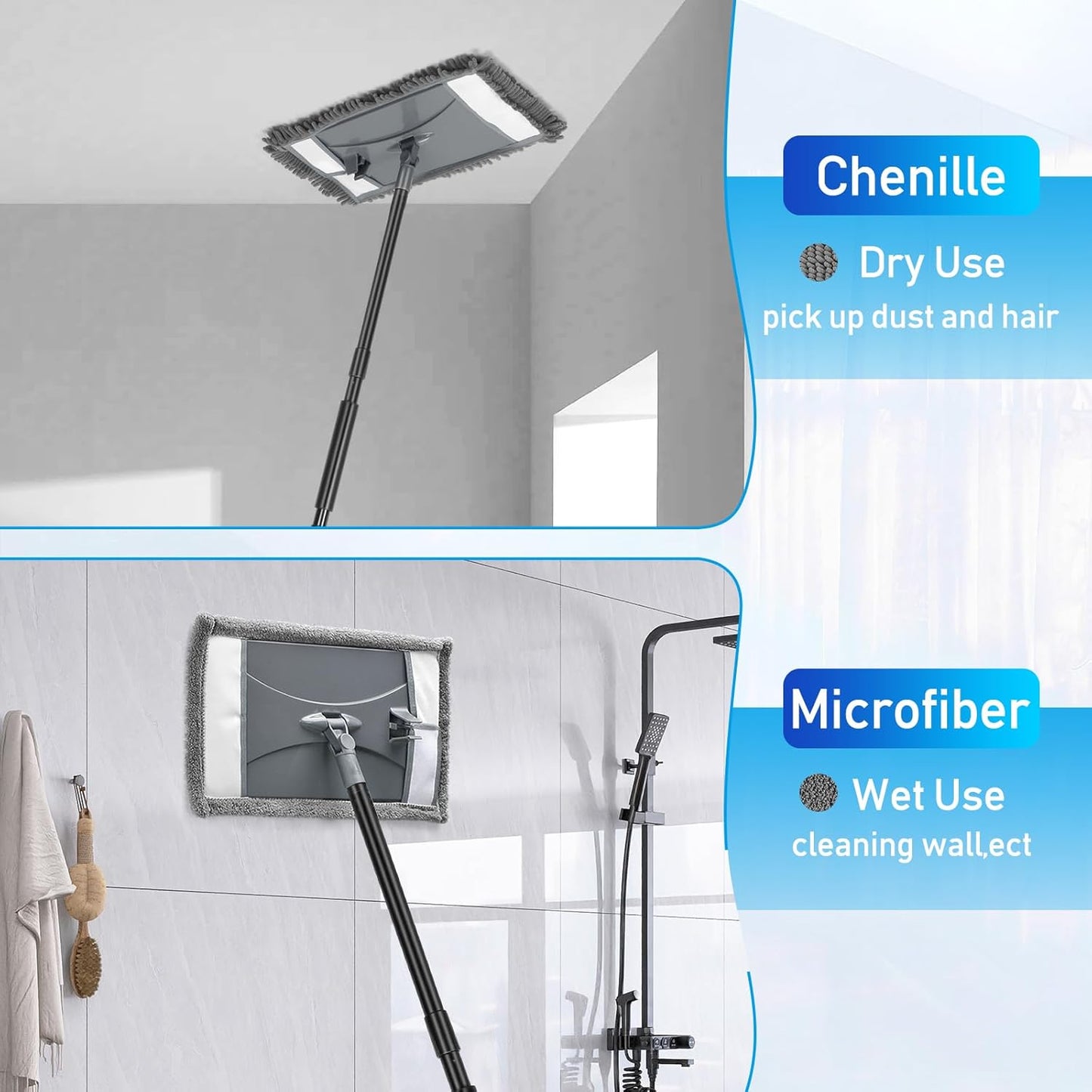Wall Cleaner Mop with Long Handle, Wall Dust Cleaning Mop for Washing Walls with 2 Microfiber Reusable Pads,Floor Dry Wet Dust Mops for Wall Washer, Floor,Ceiling Cleaner