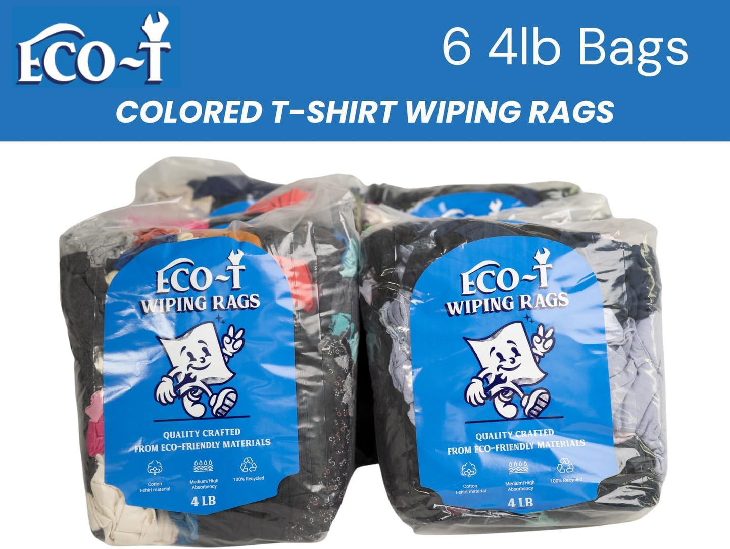 6 x 4 Lb Bags (24 Lbs) Eco-T Mechanic Shop Rags - Colored T-Shirt Material, 100% Recycled, Eco-Friendly, High Absorbency, Low Lint, Low-Cost, Industrial Use Wiping Cloth