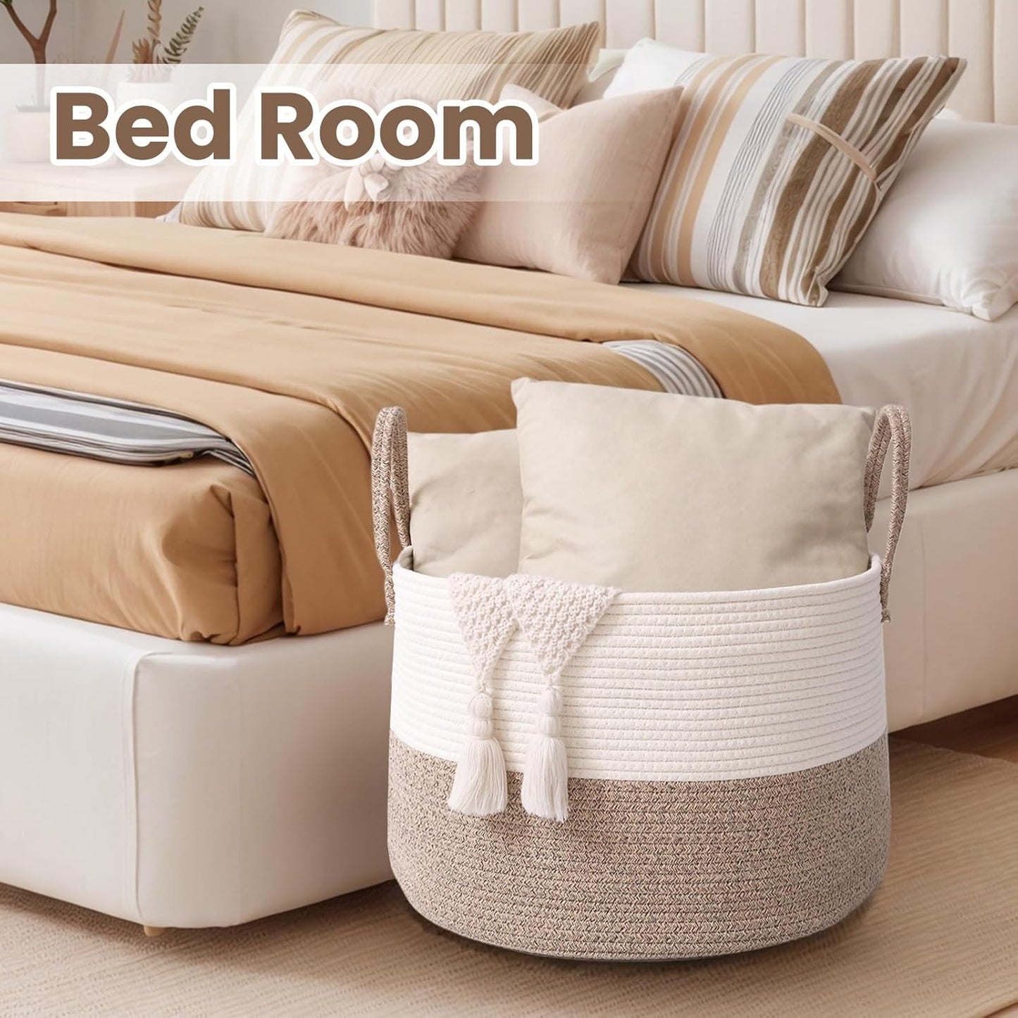 Woven Blanket Basket,65L Large Rope Storage Bin with Handles, Organizer for Blankets Toys Book and Clothes, Laundry Basket for Living Room Bedroom Nursery,White&Brown