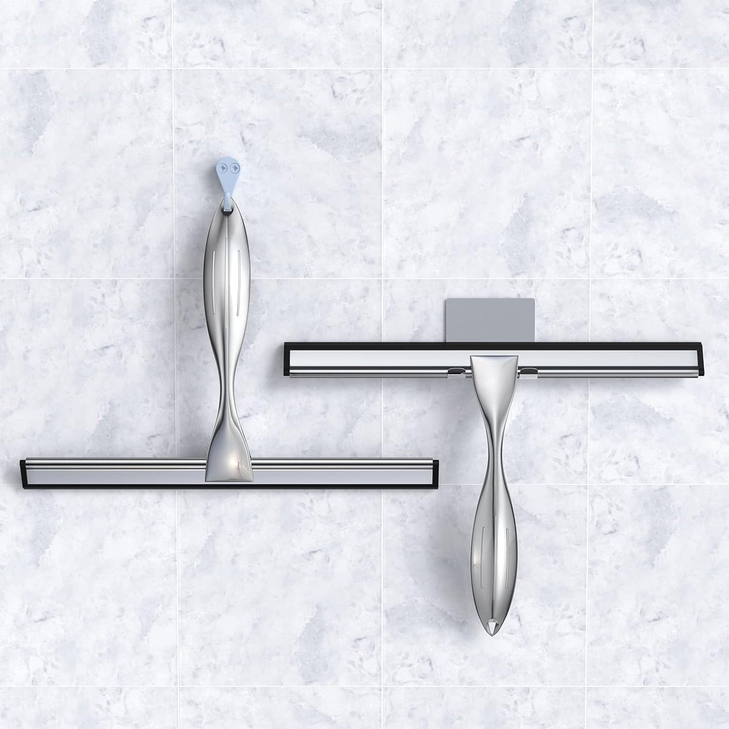 Shower Squeegee Set, 10-Inch Stainless Steel Squeegee for Bathroom, Shower Doors, Mirrors, Tiles, and Car Windows - 100% Streak Free, Includes Shower Door Hook, Adhesive Hook and Spare Silicone Blade