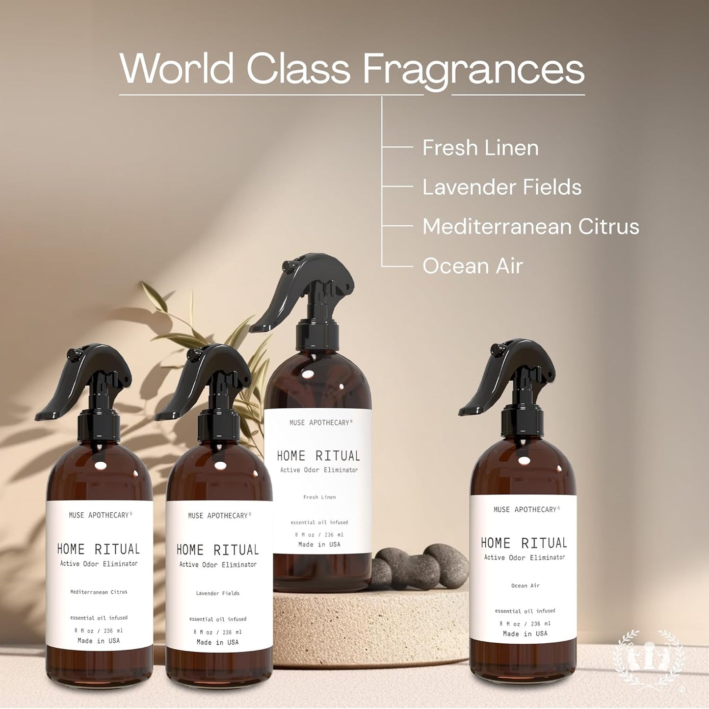 Muse Apothecary Home Ritual Active Odor Eliminator Spray - Furniture Deodorizer Spray & Bathroom Odor Eliminator for Home - Essential Oil Air Freshener - 4oz, Mediterranean Citrus, 2 Pack