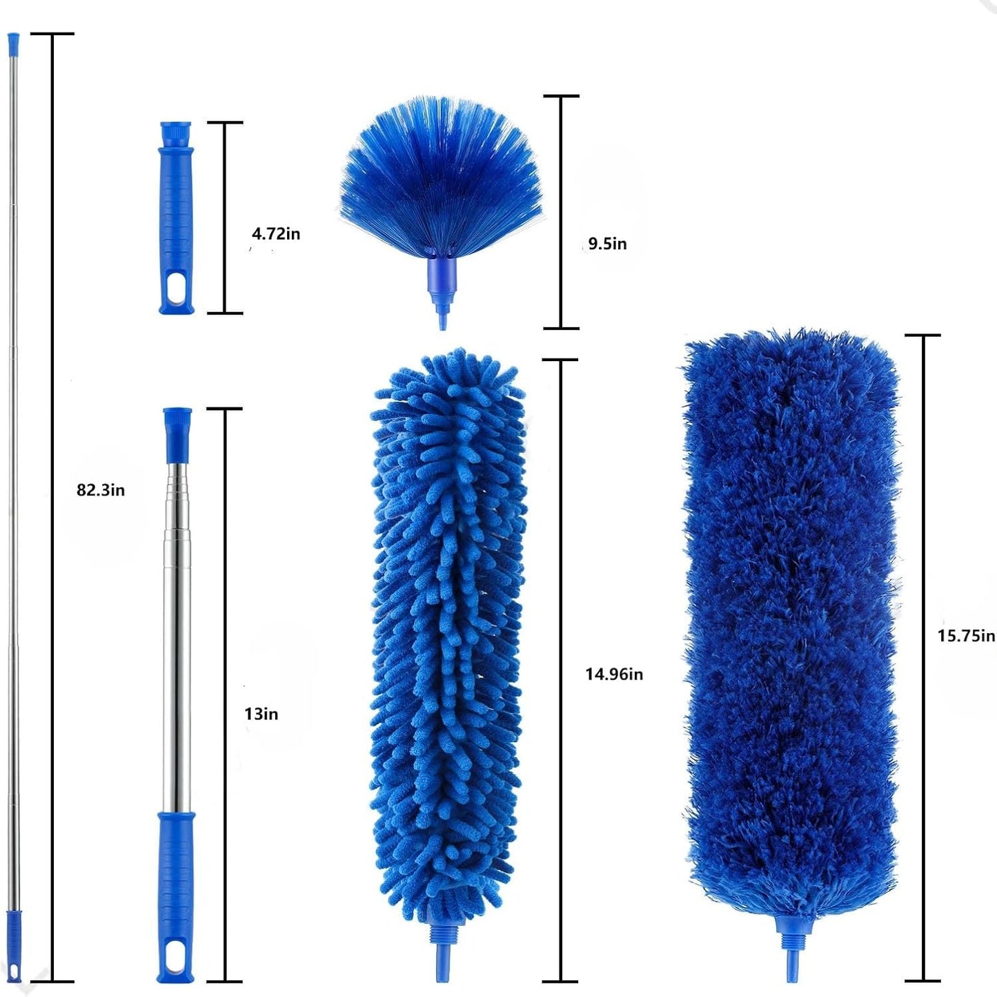 Duster, Microfiber Dusters with 2 Handle Sets, Durable 15-98.1 Inches Long Telescopic Rod, Washable, Feather Dusters for Cleaning Cobweb and Ceilings Fans, 5 Pack (Blue)
