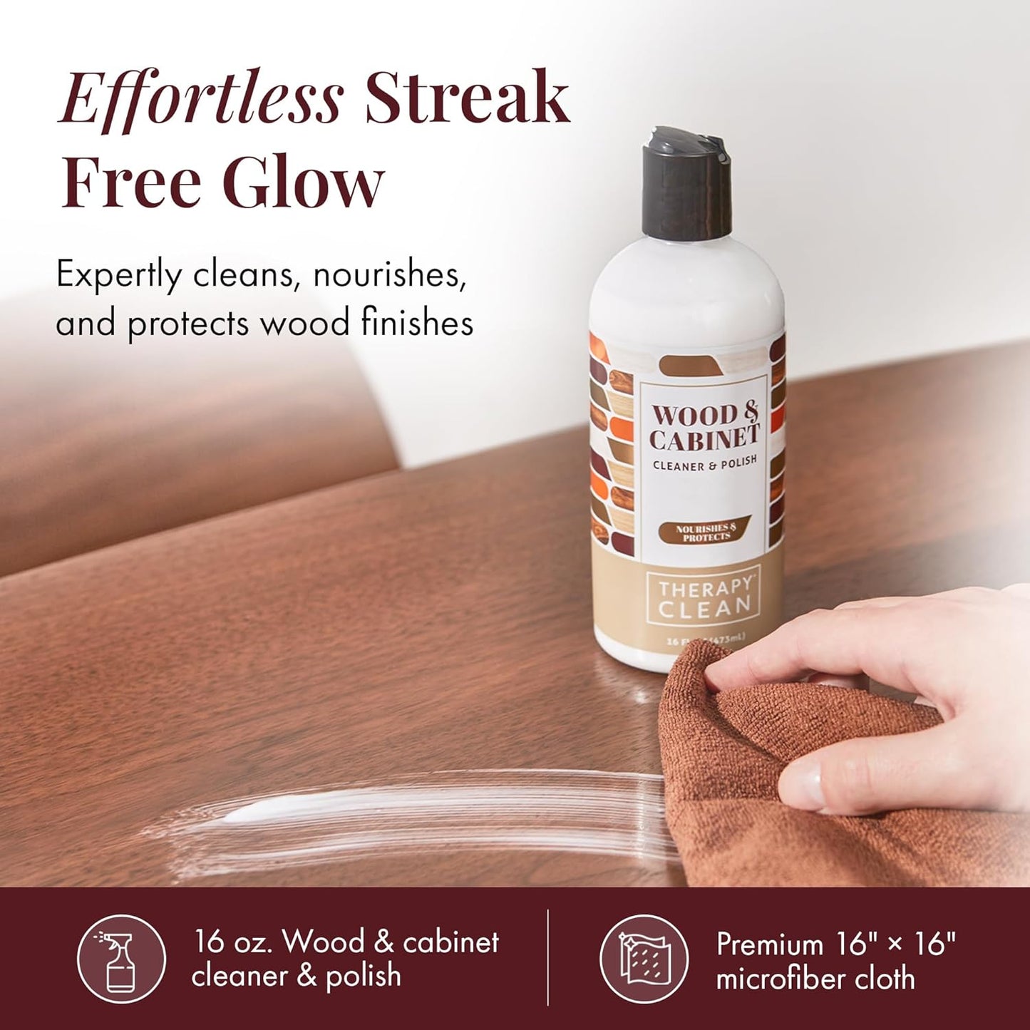 Therapy Wood Polish Bundle with Microfiber 16 oz. - Wood Furniture Polish, Best Furniture Cleaner - Almond Scent - Cleaner, Cabinet and Table Restorer, Natural Conditioner