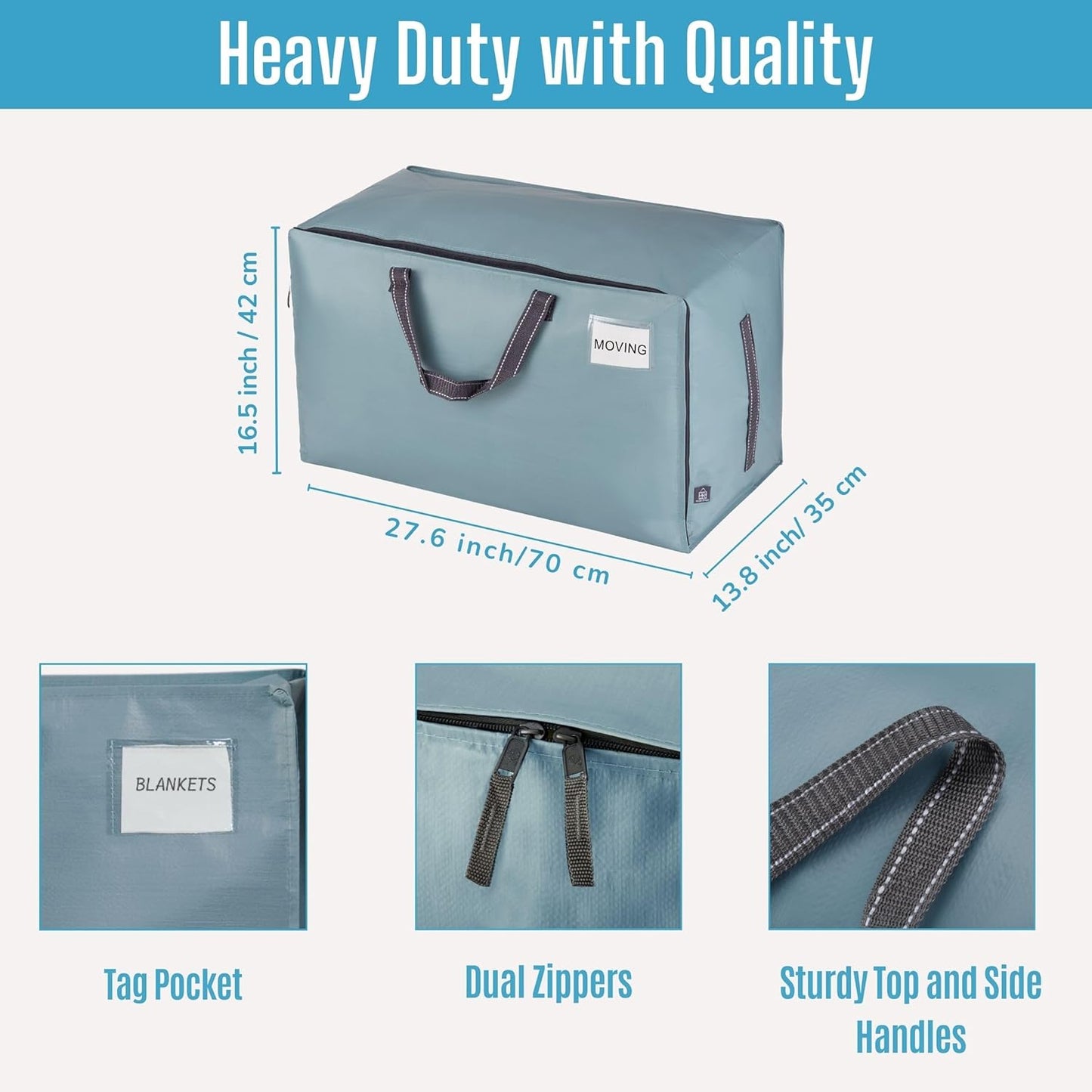 VENO 4 Pack Moving and Storage Bags, Heavy Duty, Alternative to Moving Boxes, Large Packing Totes Supplies for College Dorm Room with Zipper for Clothes, Wide Open Design (Light Blue Matte, 4 Pack)