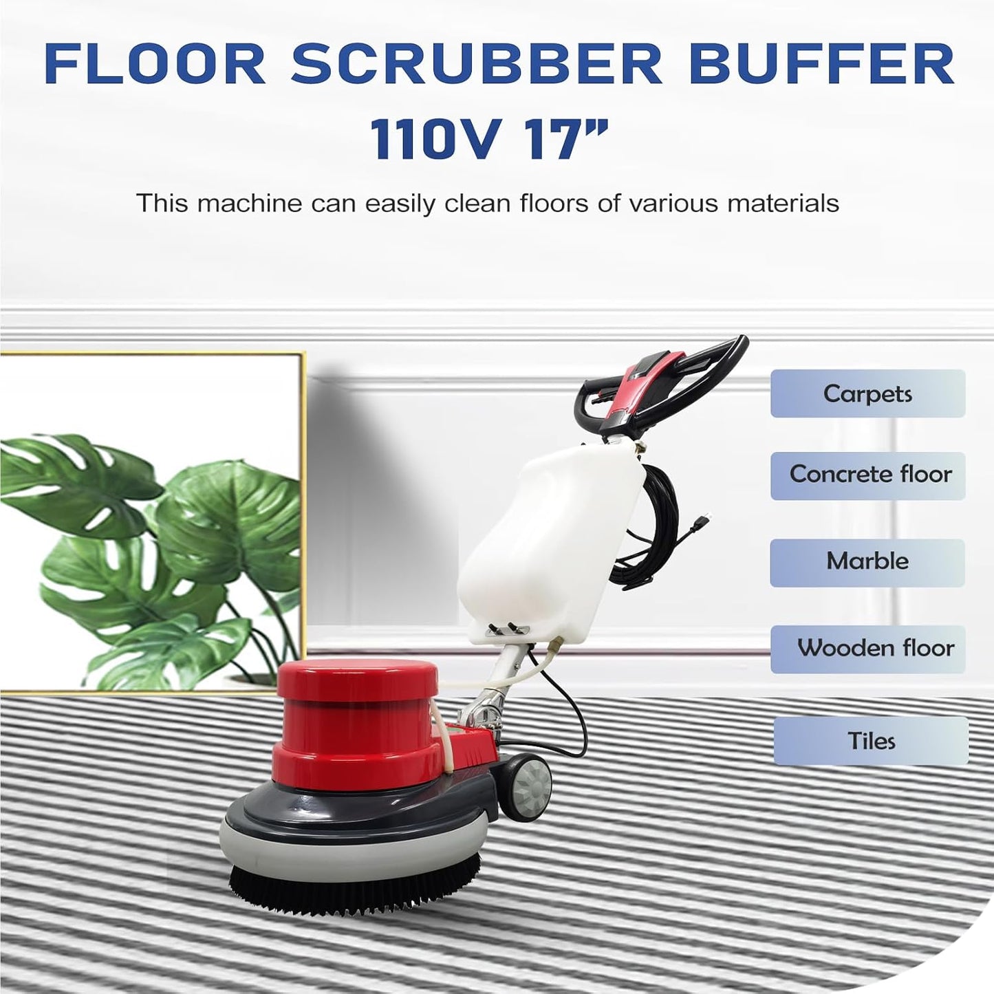 1100W Red Floor Polisher Commercial Floor Cleaner Polishing Machine Carpet Buffer Scrubber with 3gal Water Tank and 17" Base 154Rpm AC110V