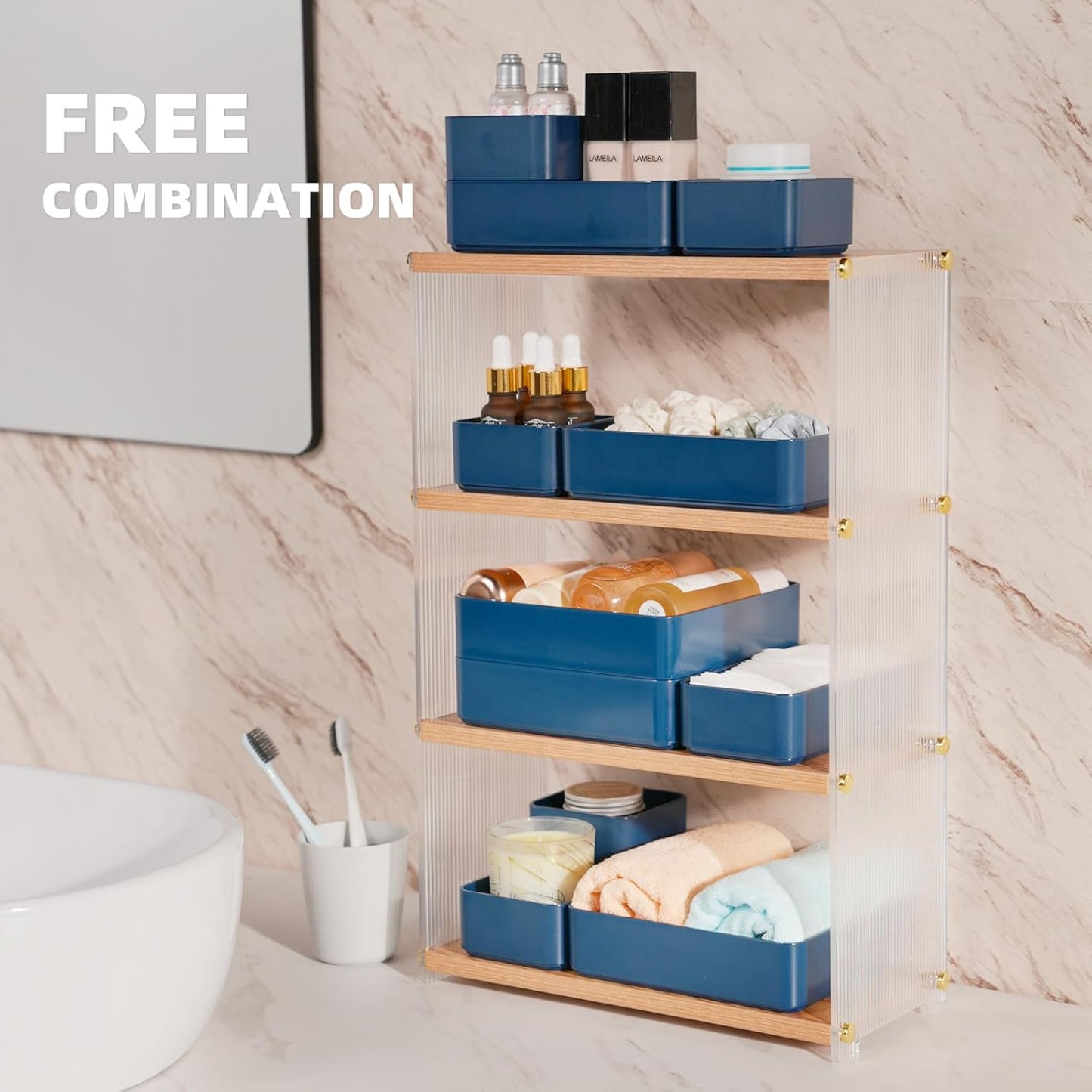 11-Piece Stackable Drawer Organizer Set, Multi-size Desk Drawer Organizer Trays Vanity Storage Bins for Storing Makeup, Stationery, Utensils in Bathroom Dresser, Office and Kitchen