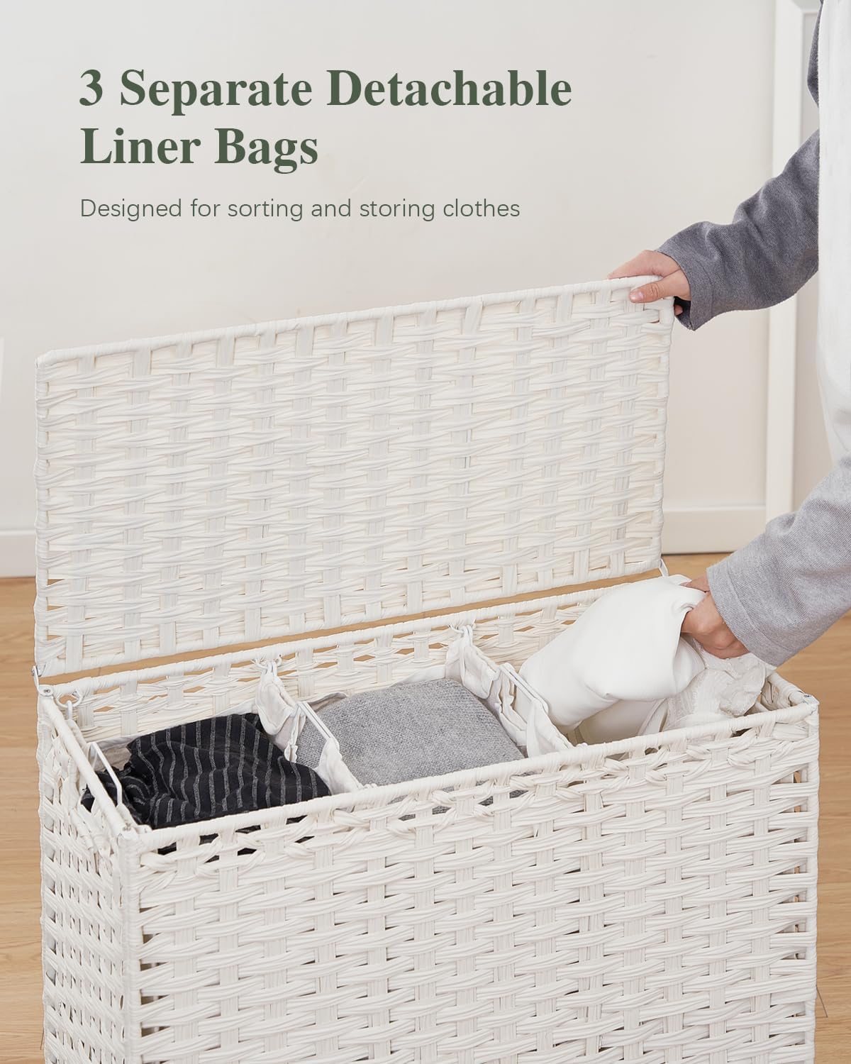 Laundry Hamper with Lid 132 L, (35 Gallons) Clothes Hamper with Lid, Handwoven Rattan Laundry Hamper with Metal Heightened Feet, Laundry Hampers with 3 Removable Liner Bags for Laundry-White