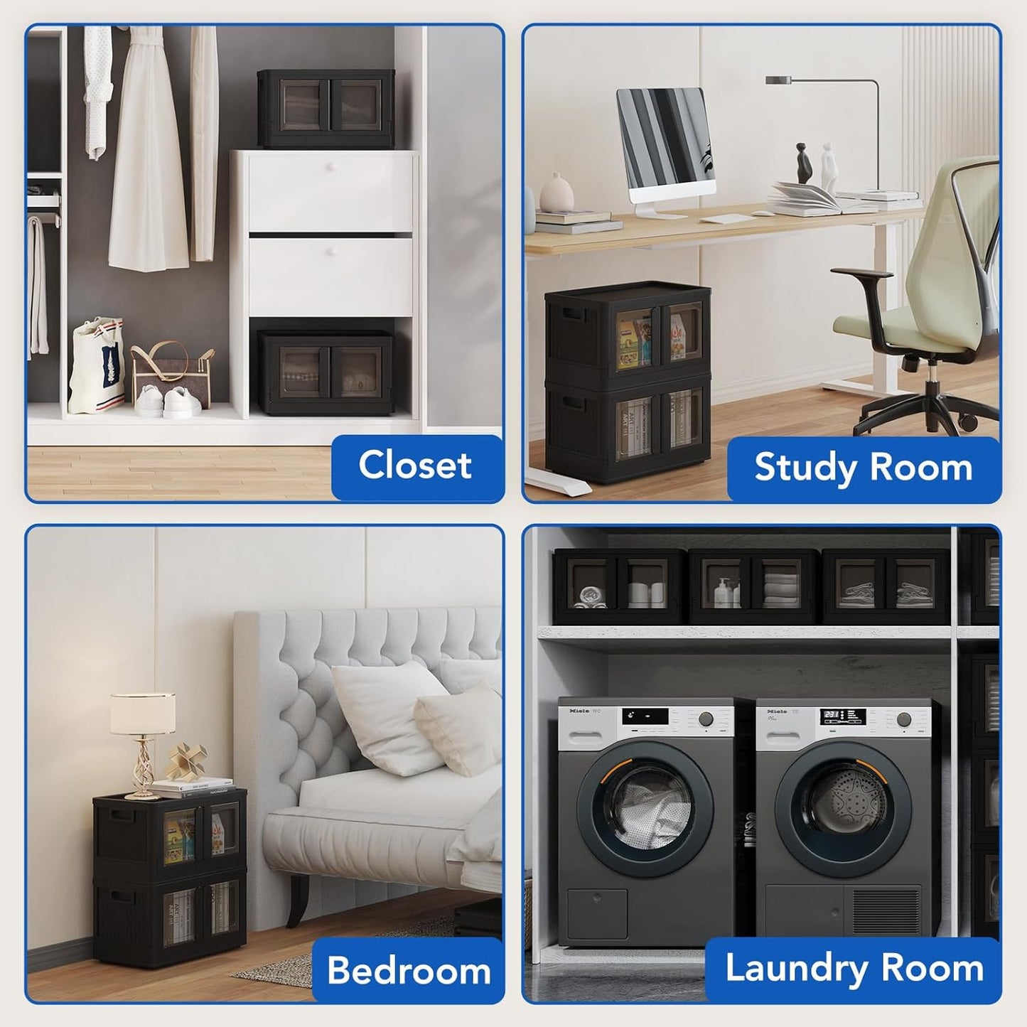 FLEXIMOUNTS 110 QT Stackable Storage Bins With Lids, Collapsible Plastic Storage Bins With Doors and Built-in Wheels For Home Dorm Closet Organizers and Storage, 3 Pack Cubes, Black