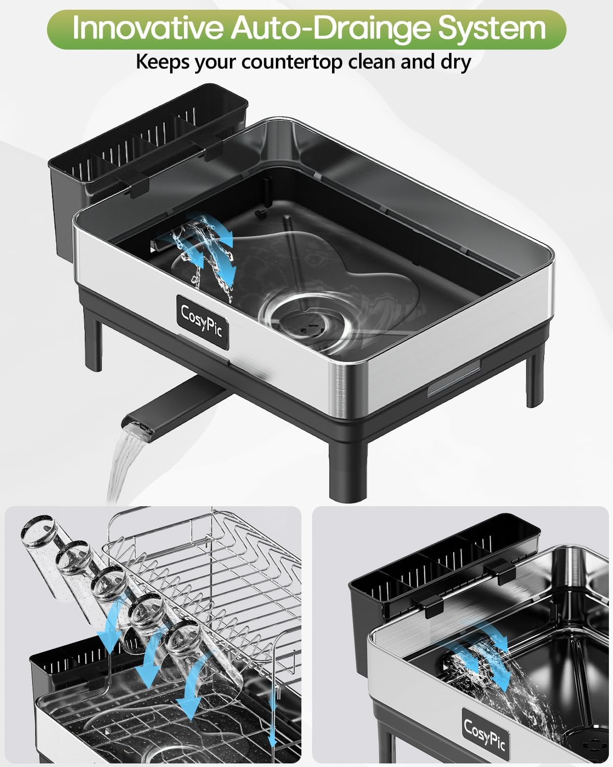 2 Tier Dish Drying Rack, Thicker Premium 304 Stainless Steel Dish Racks for Kitchen Counter, Automatic Drainage Spout, Dish Drainer & Drainboard Set with Utensil Holder and Cup Holder, Black